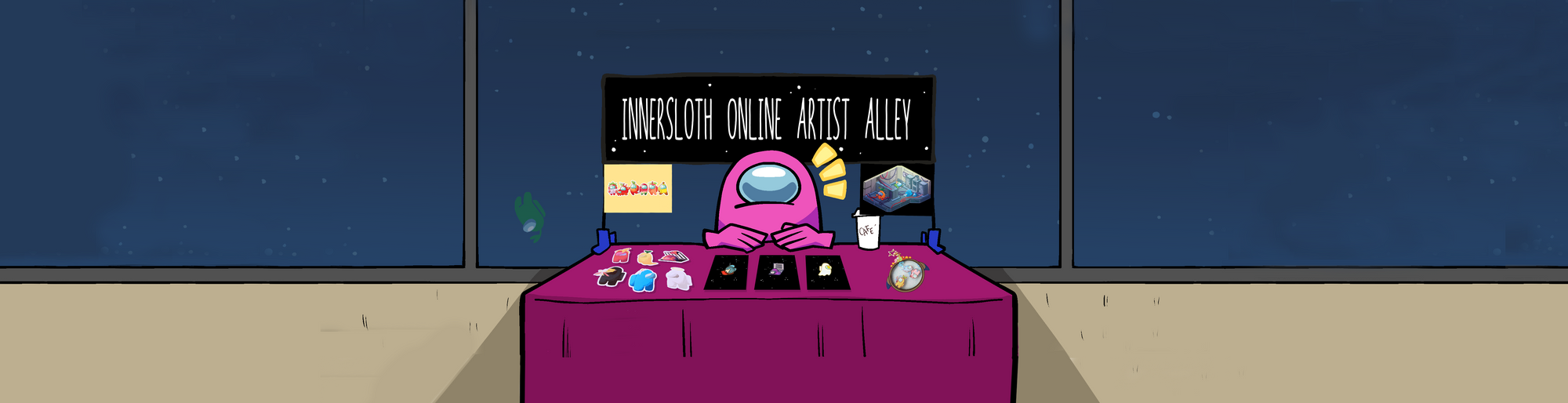 A pink crewmate sits at a convention table, selling various Among Us storefront wares. A banner above the crewmate reds "Innersloth Online Artist Alley".