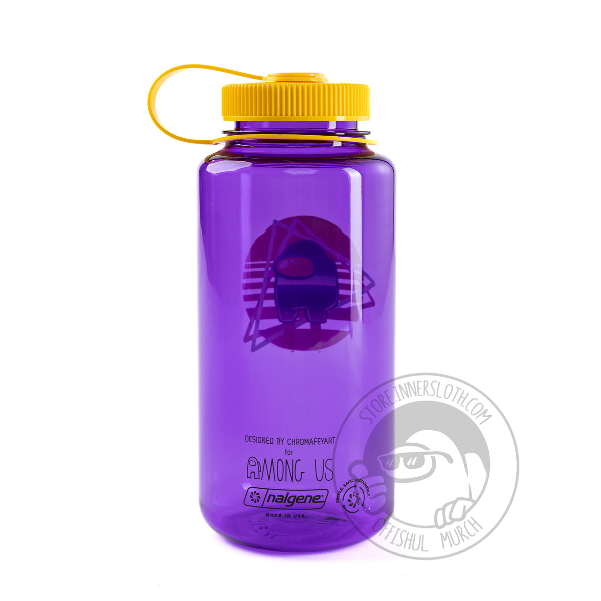 A photo of the back of the  Vaporwave themed Crewmate on a traslucent purple nalgene waterbottle Bottom text reads “designed by Chromafey Art for Among Us” below the text is a stamped on logo that reads “nalgene” made in the USA. Next to it is a logo of rotating arrows with various stages of leaves in the middle. Around it is text that says “Simple, Safe, and Sustainable”