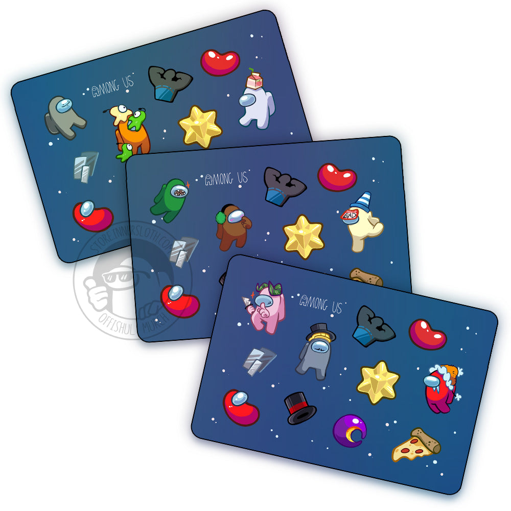 A product photo of the Among Us: Cosmicube Stickers. The three sheets of different stickers are laid over one another dynamically.