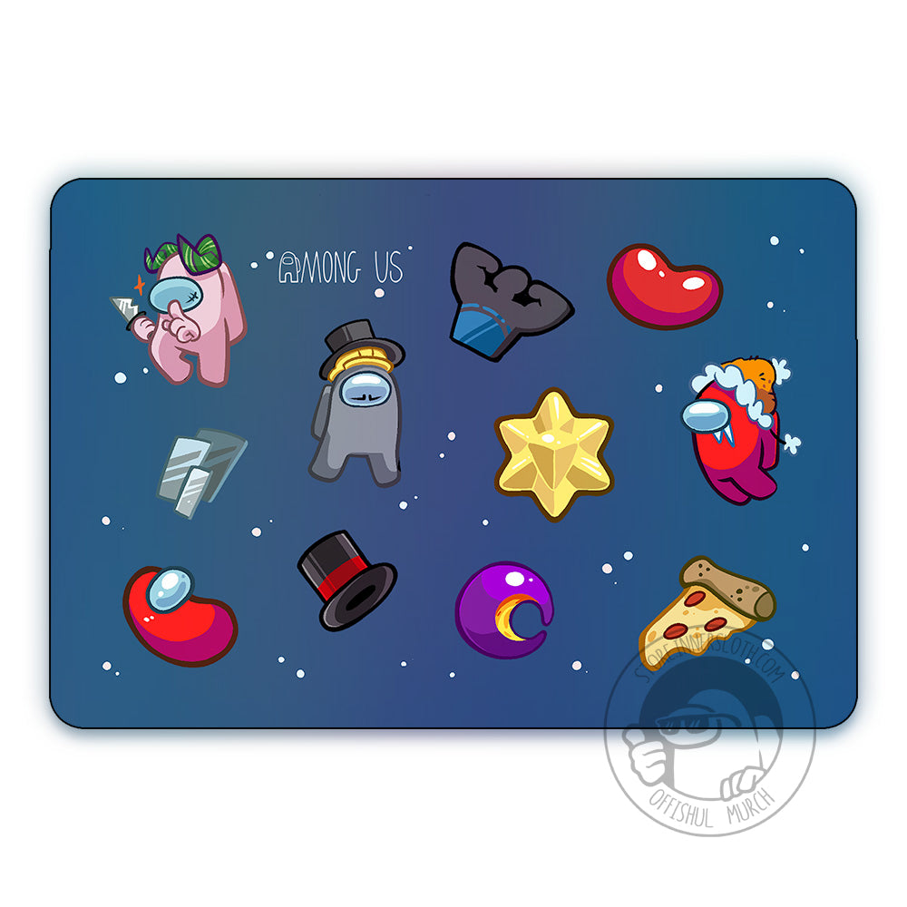 A product photo of the third sticker sheet. Different options from the other two sheets are a pink crewmate with green horns hat holding a knife and making a “Shh!” motion, a grey crewmate with a tophat and a mustache visor, and a red crewmate with icicles on his visor and an orange winter hat. 