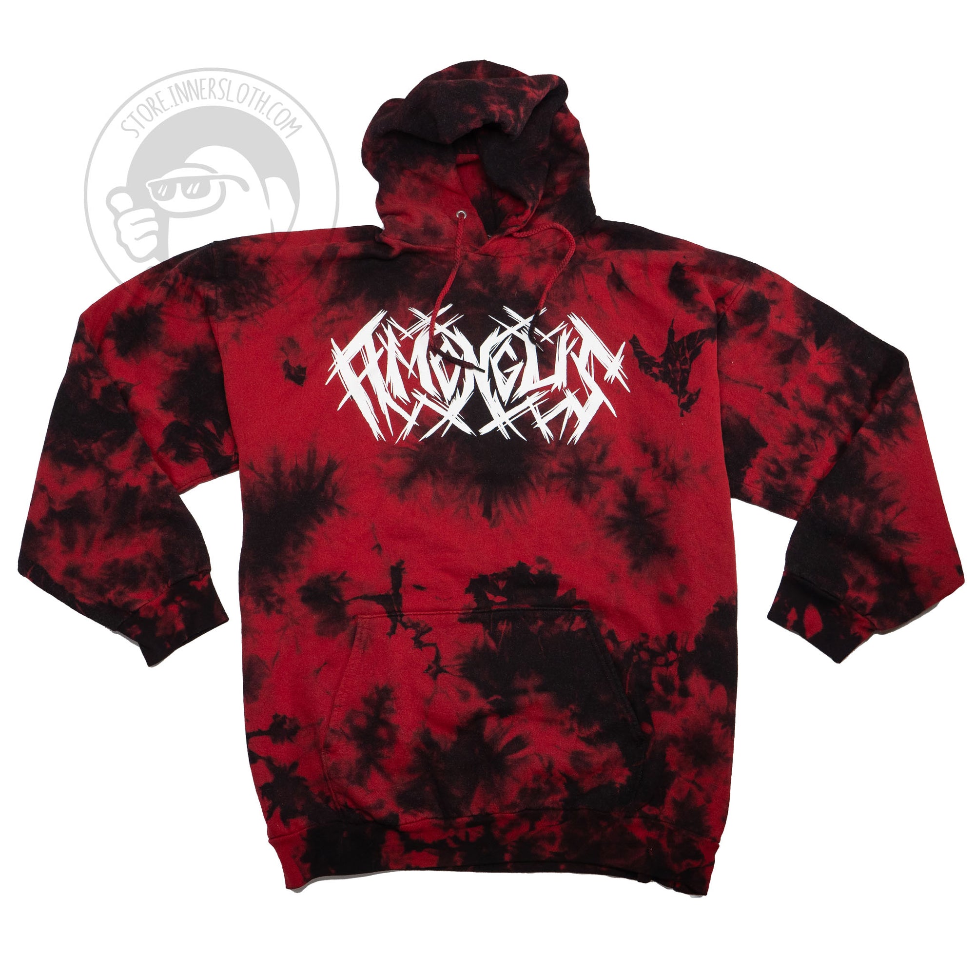 A flat lay photograph of the front of the Metal Red Pullover hoodie on a white background. The garment base is a patchy red and black tie-dye with the words “Among Us” screenprinted in a metal music-esque font across the front in white ink. 