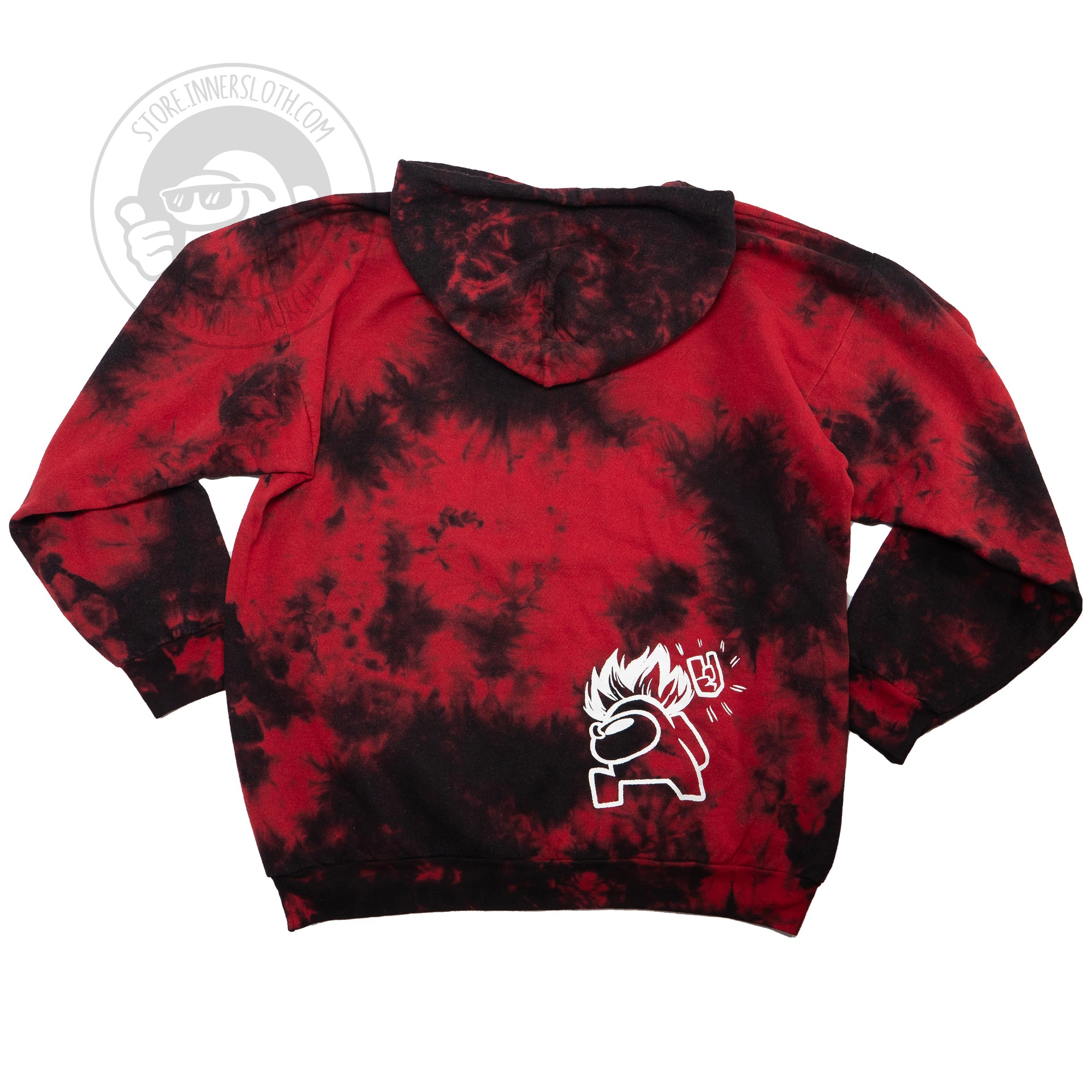 A flat lay photograph of the front of the Metal Red Pullover hoodie on a white background. The garment base is a patchy red and black tie-dye with the words “Among Us” screenprinted in a metal music-esque font across the front in white ink. 