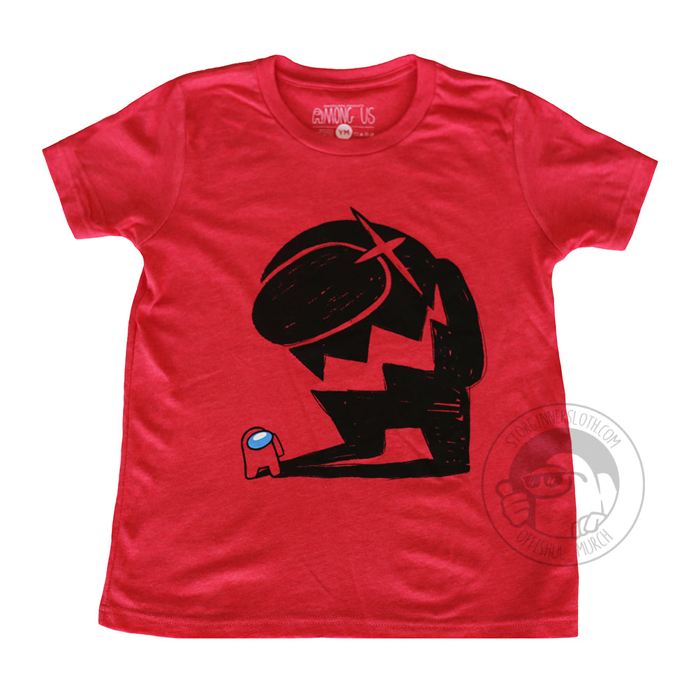 A flat lay photograph of the Among Us: Impostor Red Shadow Youth Tee. It is a red t-shirt. The front of the shirt shows an illustration of a small red Crewmate that casts a large, black impostor shadow.