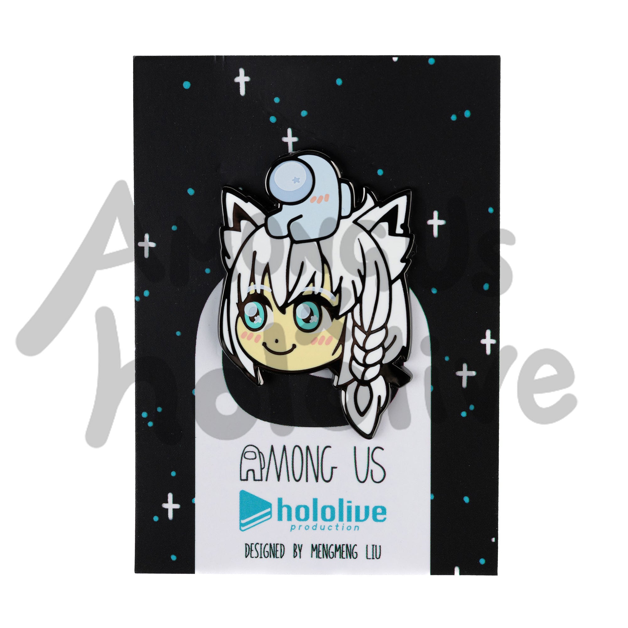 Enamel Pin of Shirakami Fubuki's Face from Hololive. Fubuki has fair skin, teal sparkly eyes, and white braided hair with matching white cat ears. There's a Light Blue Crewmate sitting atop her head. Both characters have pink blush marks on their faces.