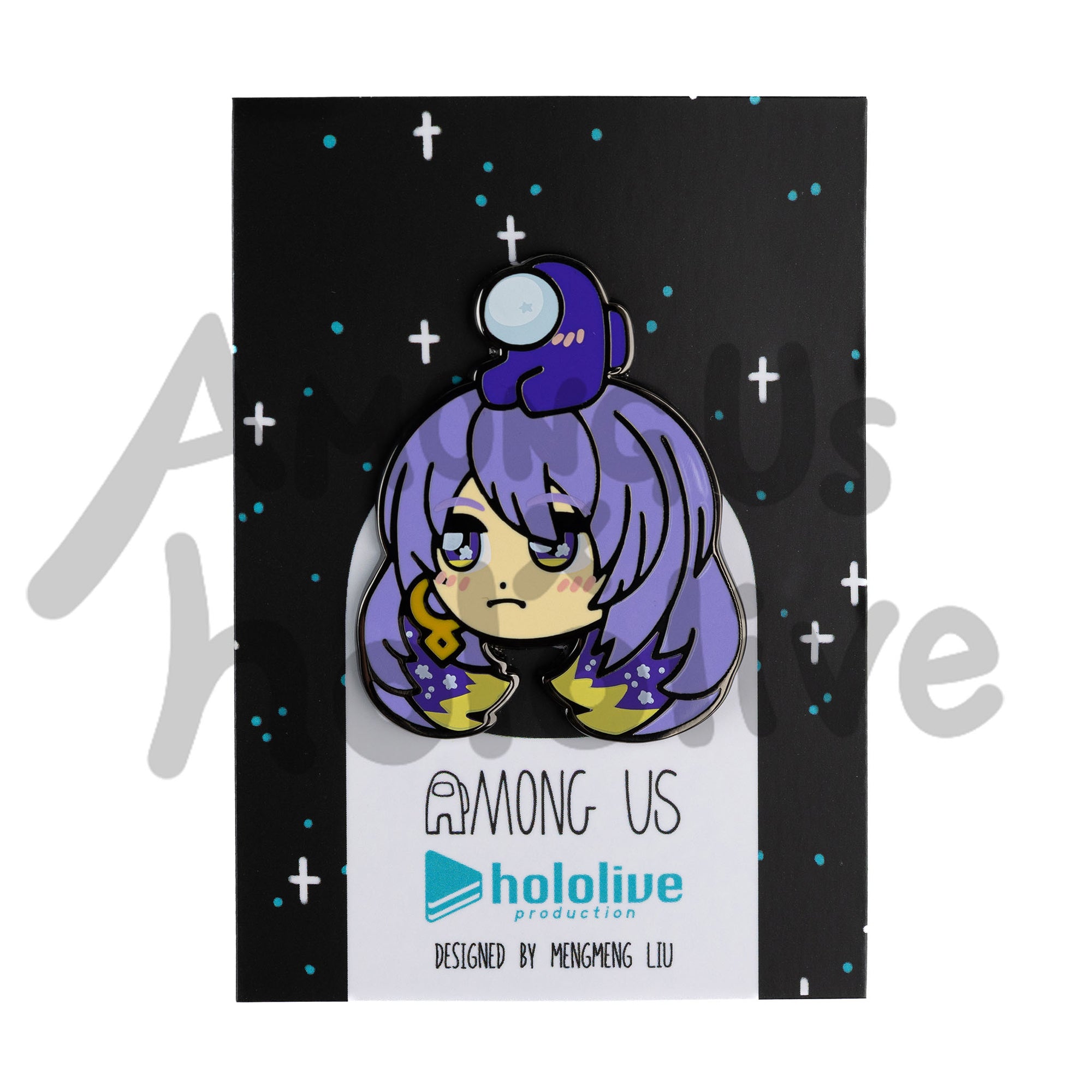 Enamel Pin of Moona Hoshinova's Face from Hololive. Marine has fair skin, purple sparkly eyes, and purple shaggy hair. There's a Purple Crewmate sitting atop her head. Both characters have pink blush marks on their face.
