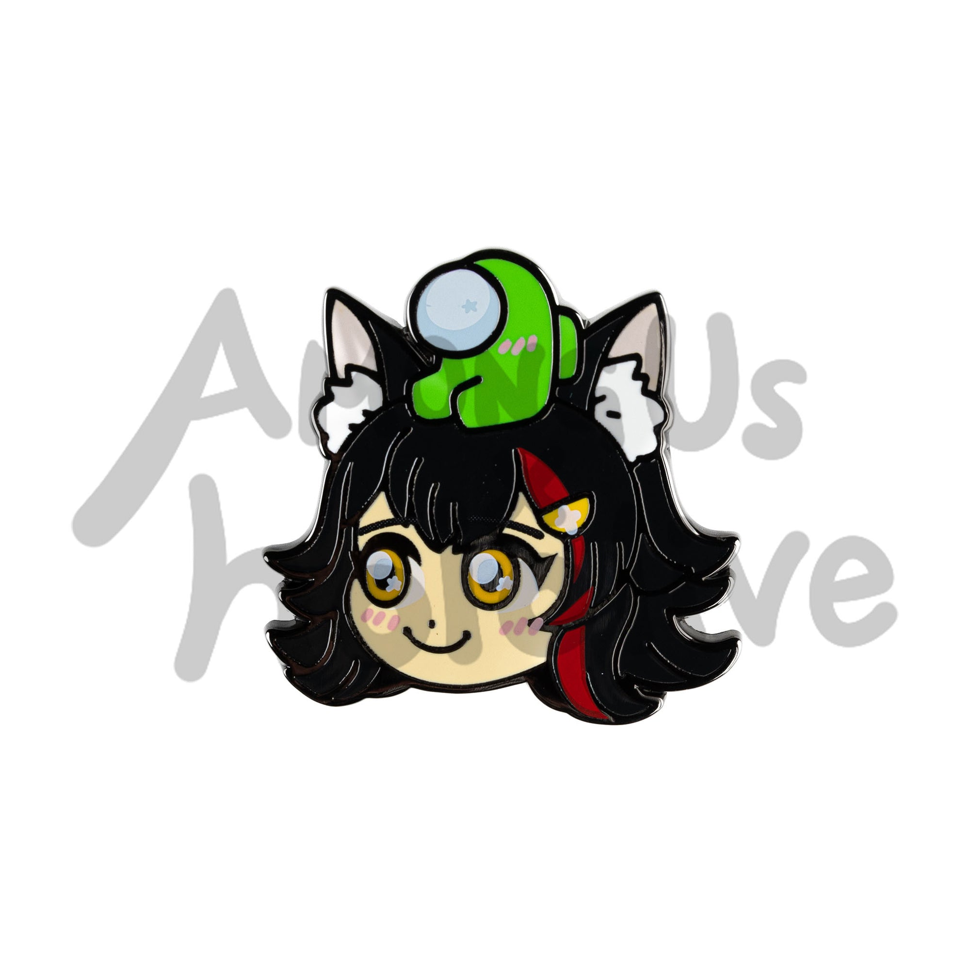 Enamel Pin of Ookami Mio's Face from Hololive. Mio has fair skin, marigold sparkly eyes, and black bobbed hair with matching black cat ears with white tufts. She has a red streak in her hair. There's a Lime Crewmate sitting atop her head. Both characters have pink blush marks on their faces.