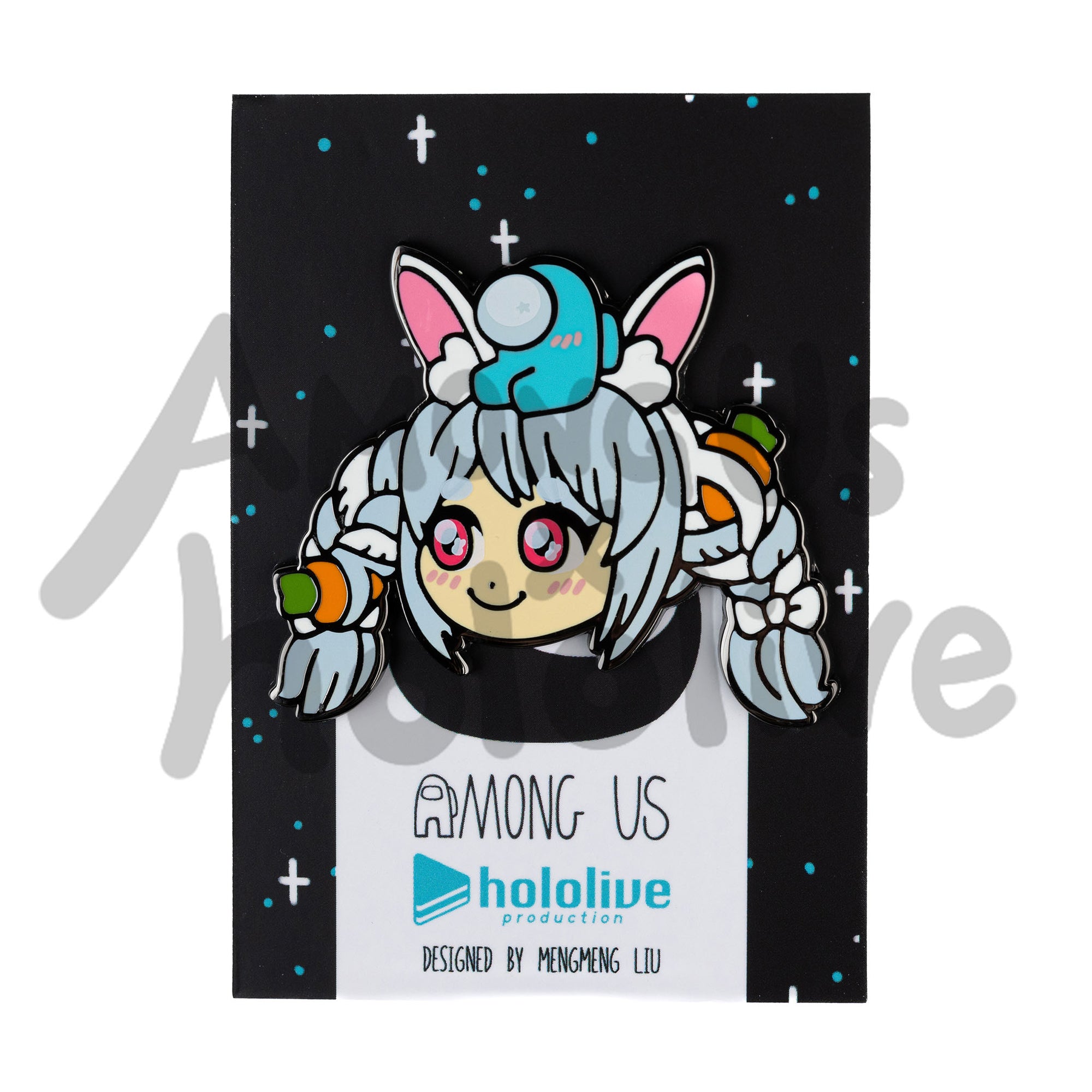 Enamel Pin of Usada Pekora's Face from Hololive. Pekora has fair skin, teal sparkly eyes, and light blue braided hair into large pigtails with two carrots woven throughout. She wears a white rabbit ears headband.  There's a Cyan sitting atop her head. Both characters have pink blush marks on their faces.
