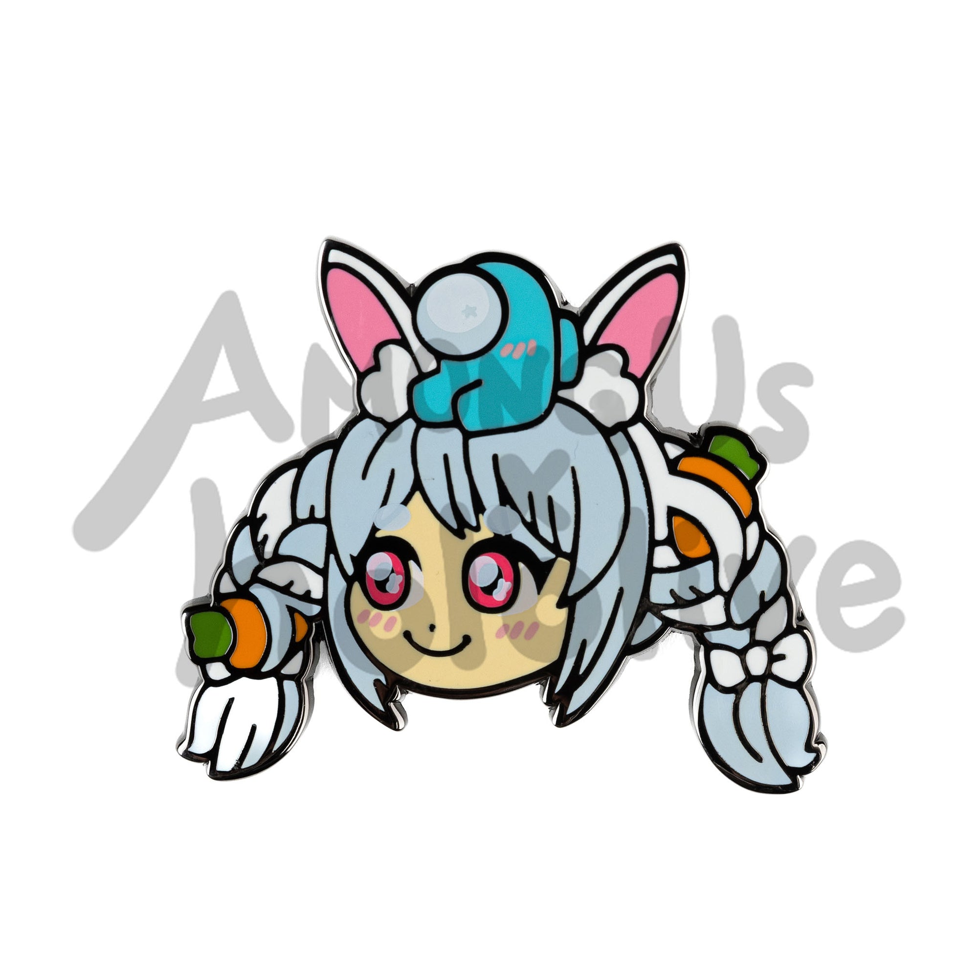 Enamel Pin of Usada Pekora's Face from Hololive. Pekora has fair skin, teal sparkly eyes, and light blue braided hair into large pigtails with two carrots woven throughout. She wears a white rabbit ears headband.  There's a Cyan sitting atop her head. Both characters have pink blush marks on their faces.