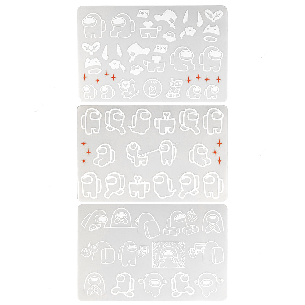  A photograph showing all three transparent Crewmate decal sticker sheets. Each one is themed. The top sheet is grouped by cosmetics, the middle grouped by in-game sprites, and the bottom is unique artwork by Hannako Lambert
