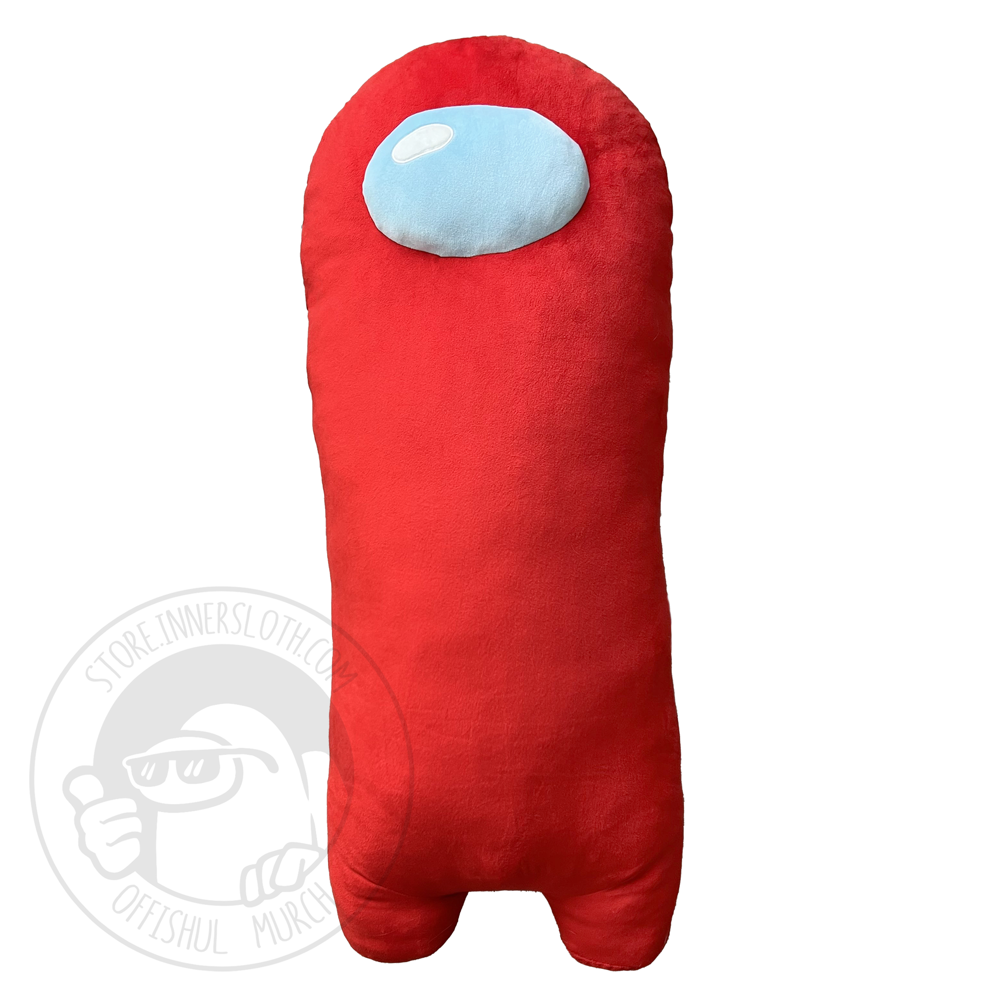 The front view of a very loooooong Red Crewmate plush with a rounded blue oval visor