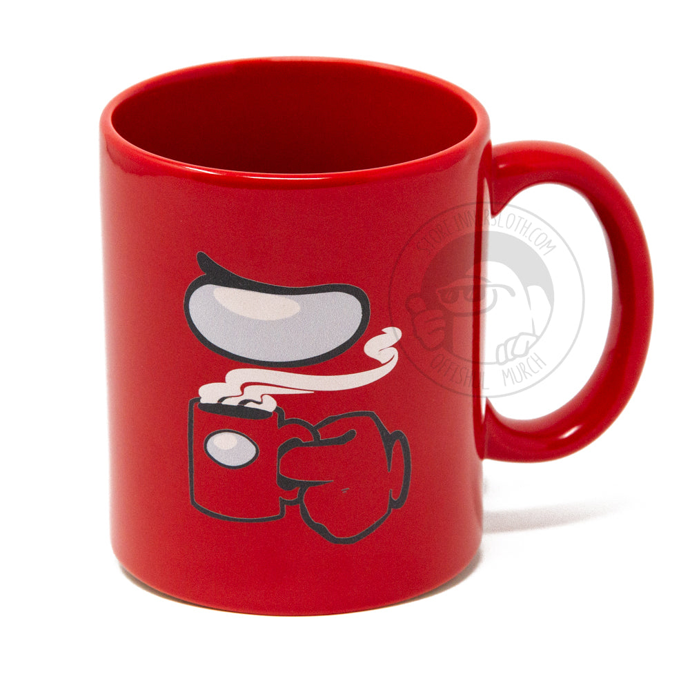 A product photo of a red mug on a white background. The mug depicts art of a crewmate visor and hand, holding a small steaming red mug, that in turn has a crewmate visor on it.