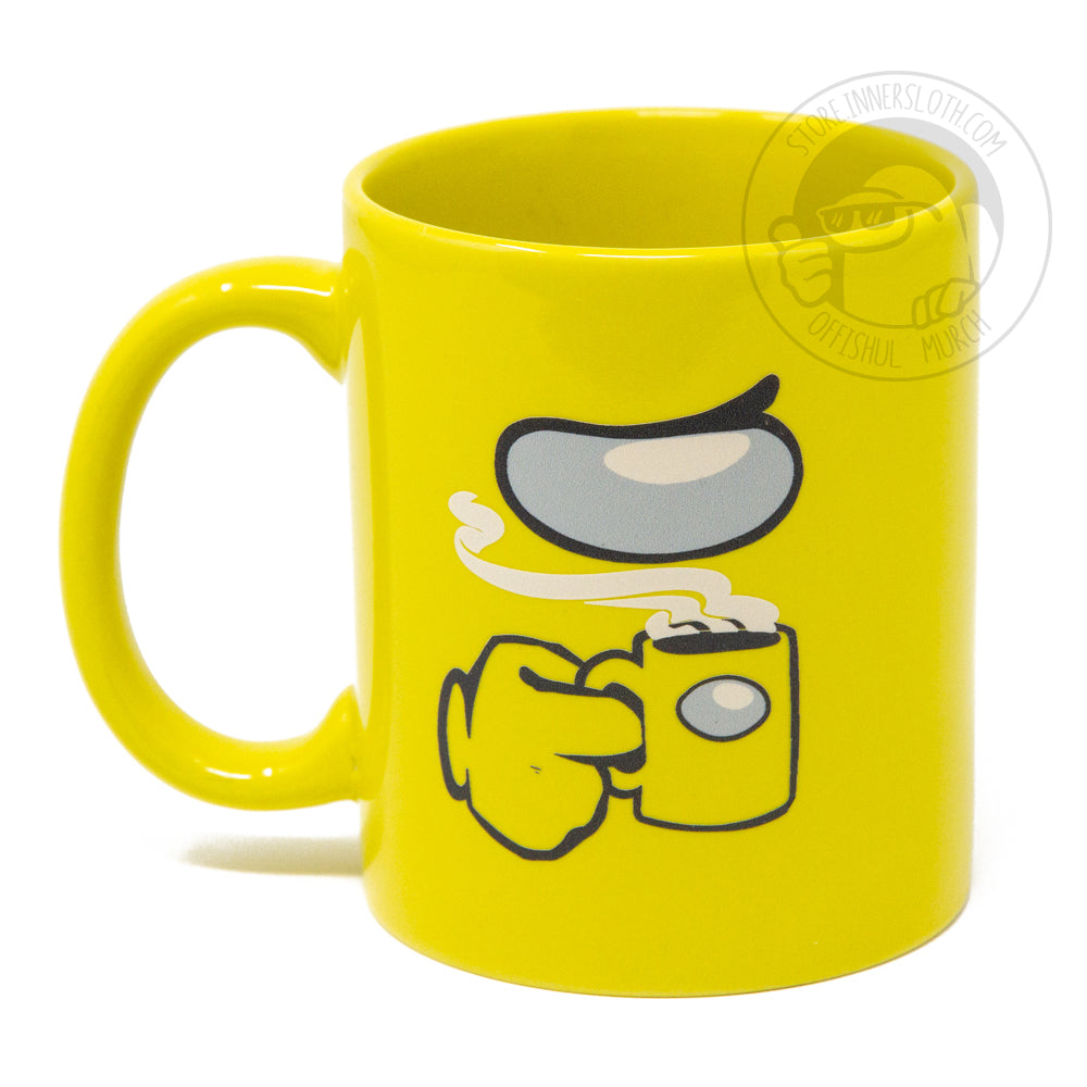 A product photo of a yellow mug on a white background. The mug depicts art of a crewmate visor and hand, holding a small steaming yellow mug, that in turn has a crewmate visor on it.