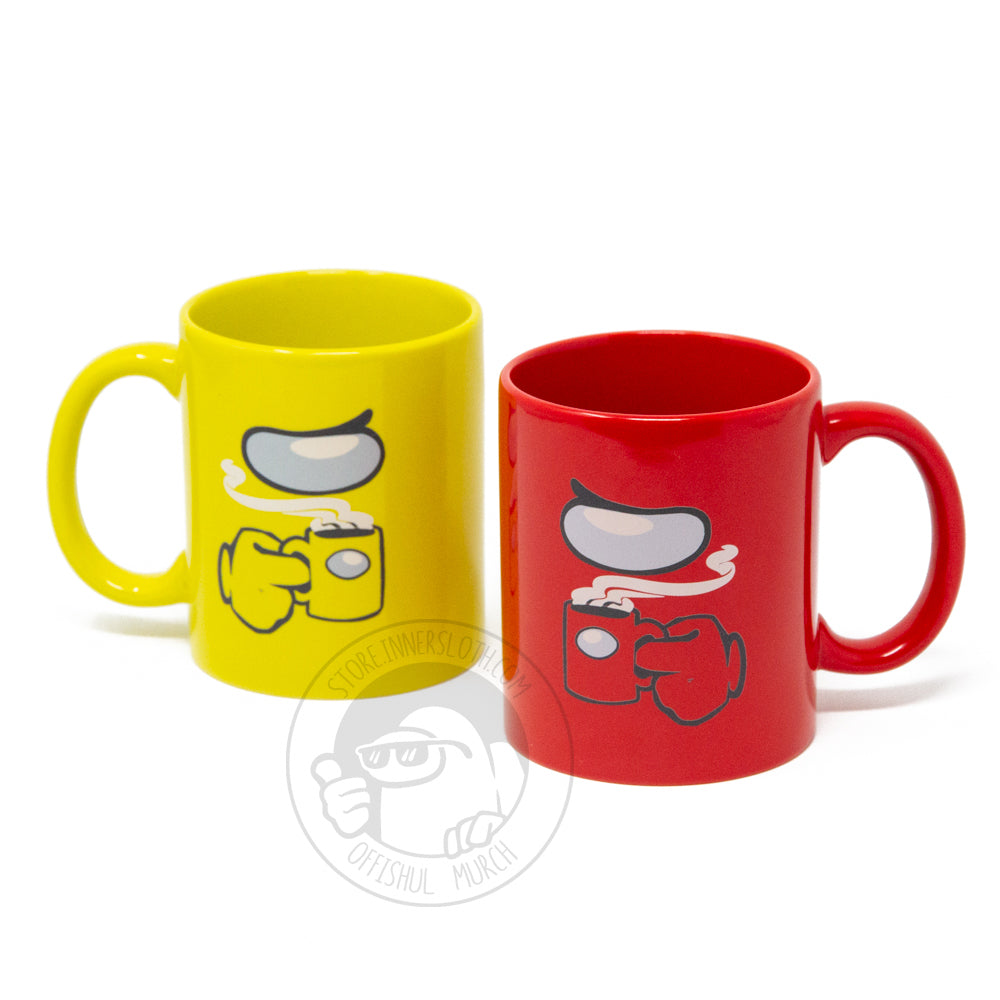 A product photo of the yellow and red Among Us: A-mug-us Crewmate Mugs, side by side.