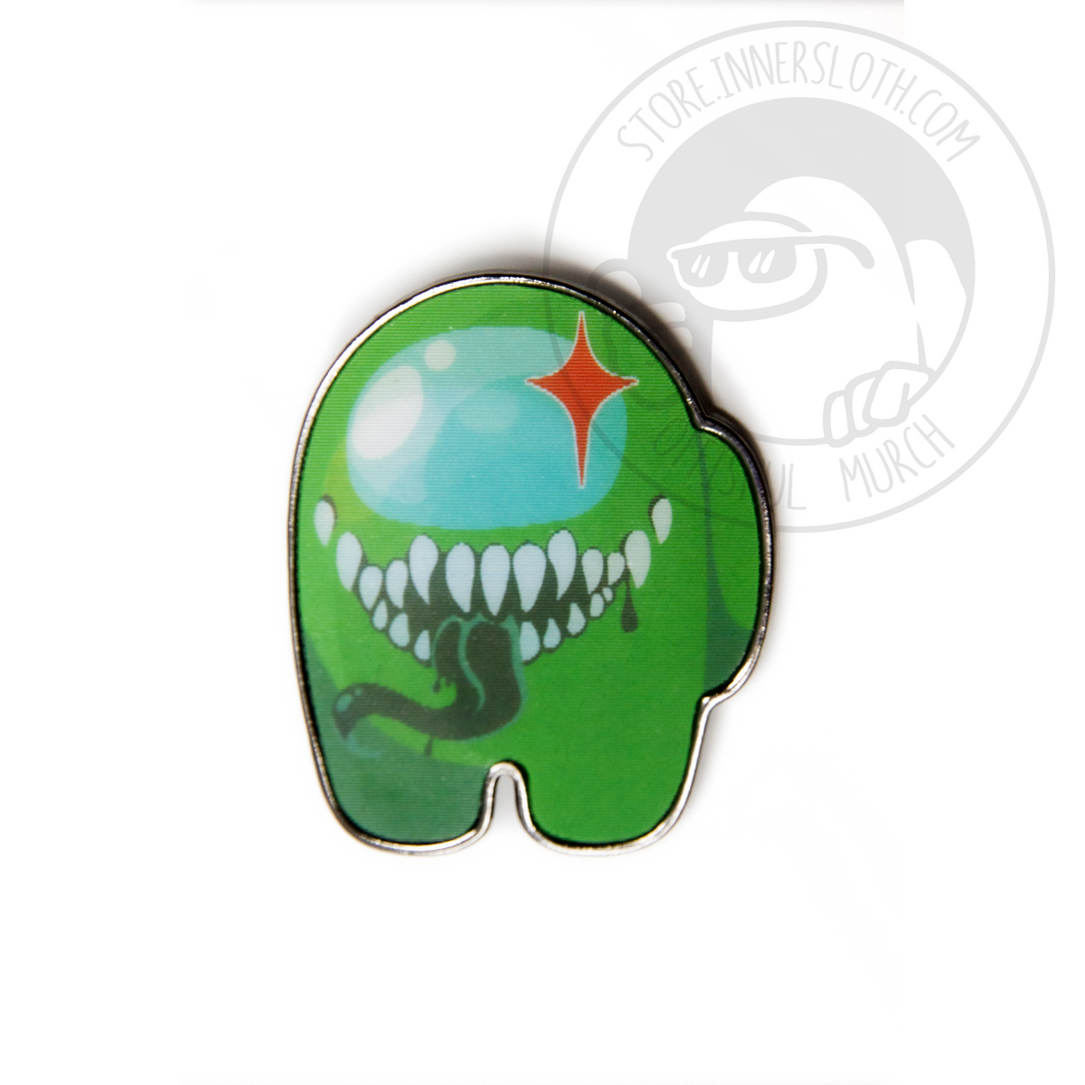 A still image of the Among Us: Lenticular Impostor Pin in Green, showing the Impostor.