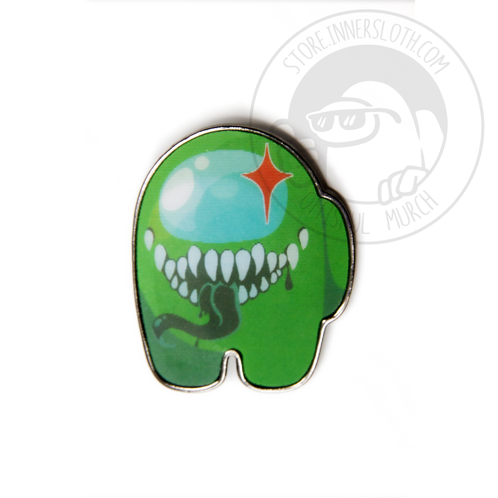 An animated gif of the lenticular Impostor pin, which shows a green crewmate. The image dissolves back and forth showing the green crewmate, and then the green Impostor with grinning sharp teeth, tongue, and red Impostor shine.
