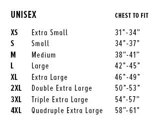 The size chart for the Among Us: Cosmicube Tee.