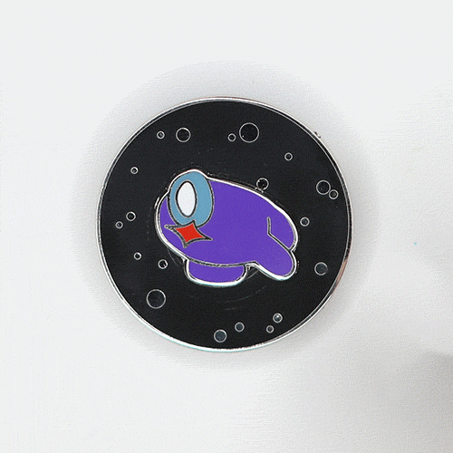 A gif image of a model spinning the purple crewmate on the Among Us: Spinning into Space Enamel Pin. The crewmate spins on a circular black plate with shiny bubbles representing space. 