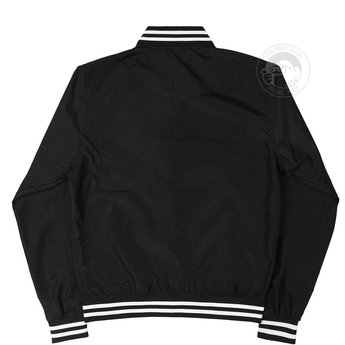 A photograph of the back of the black bomber jacket.