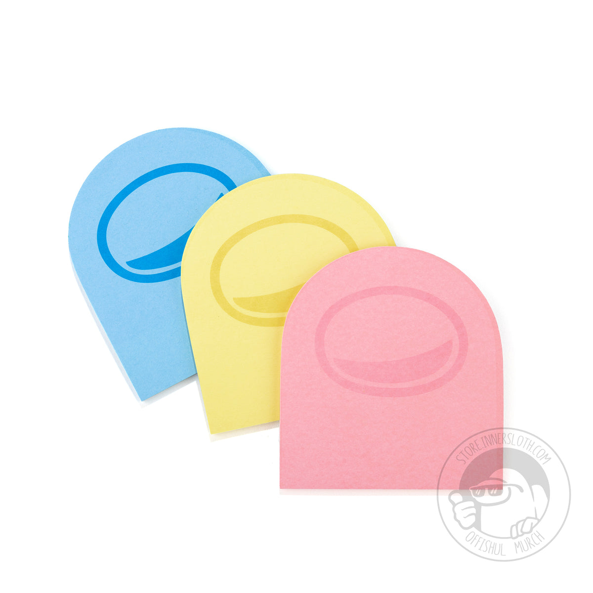A product photo of each color pack of Post-It notes - blue, yellow, and pink - laying atop one another.