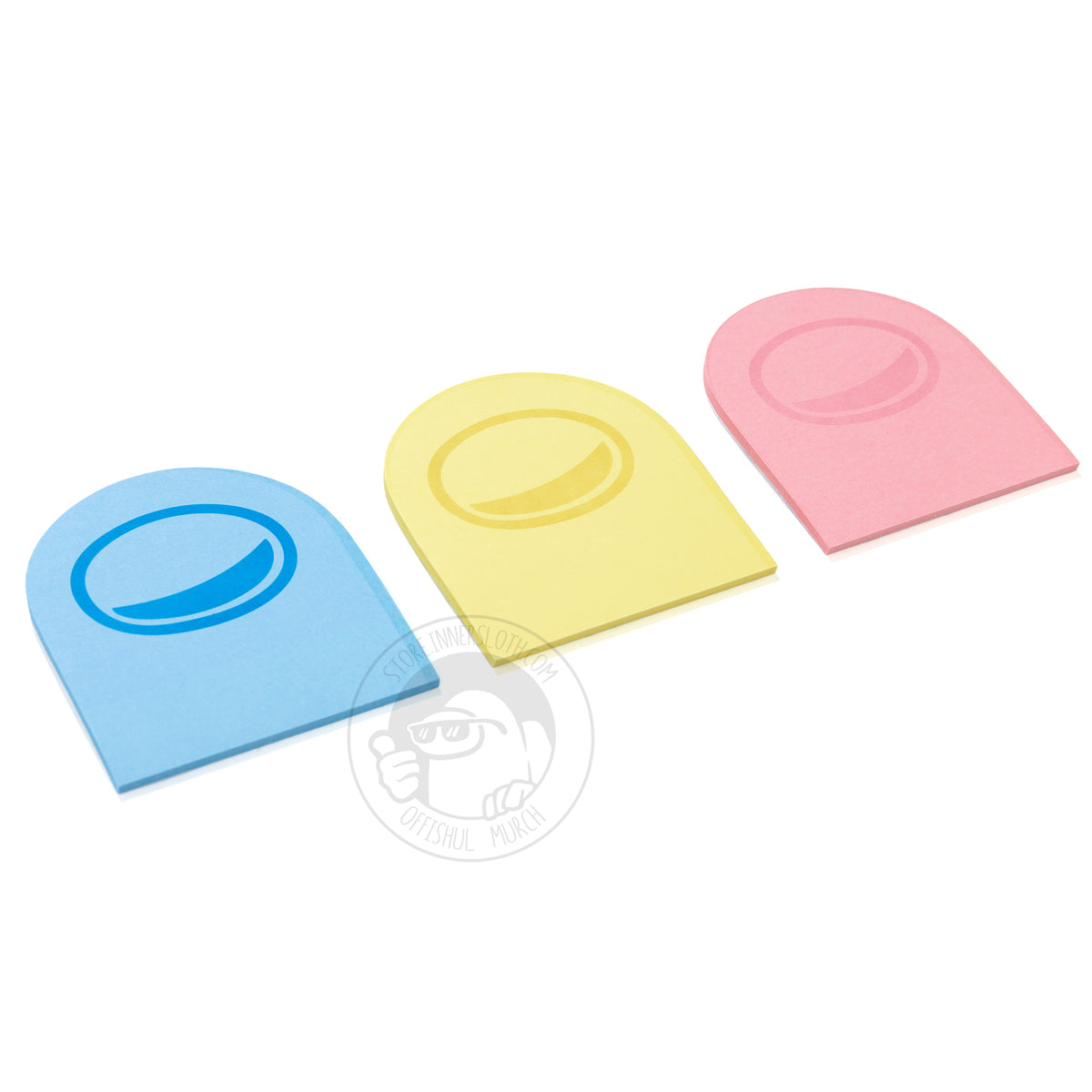 A product photo of each color pack of Post-It notes - blue, yellow, and pink - laying side by side.