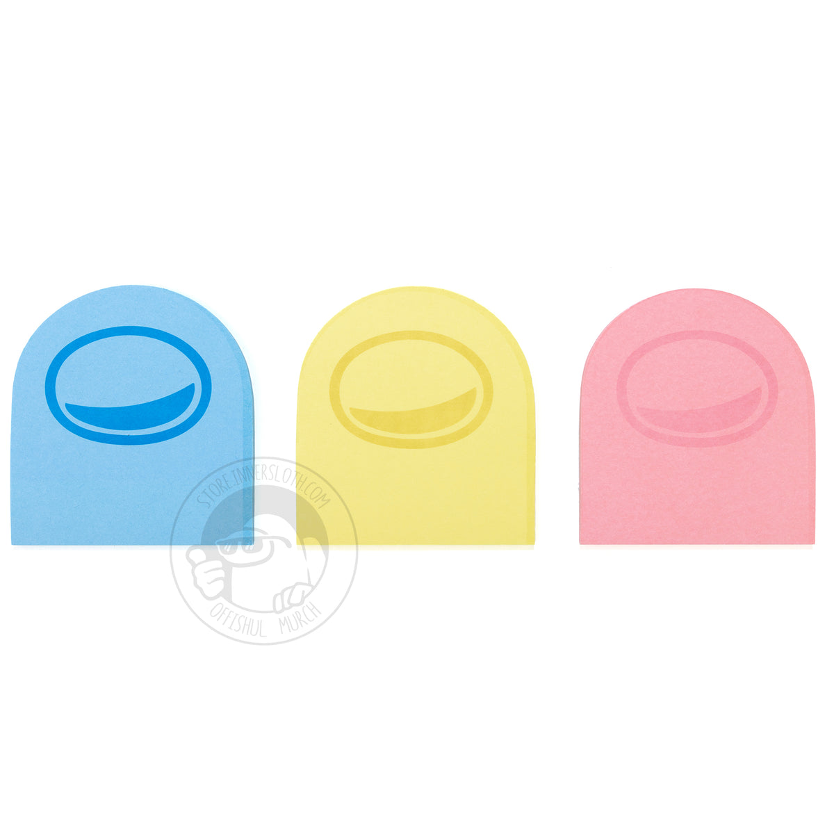 A product photo of each color pack of Post-It notes - blue, yellow, and pink - laying side by side.
