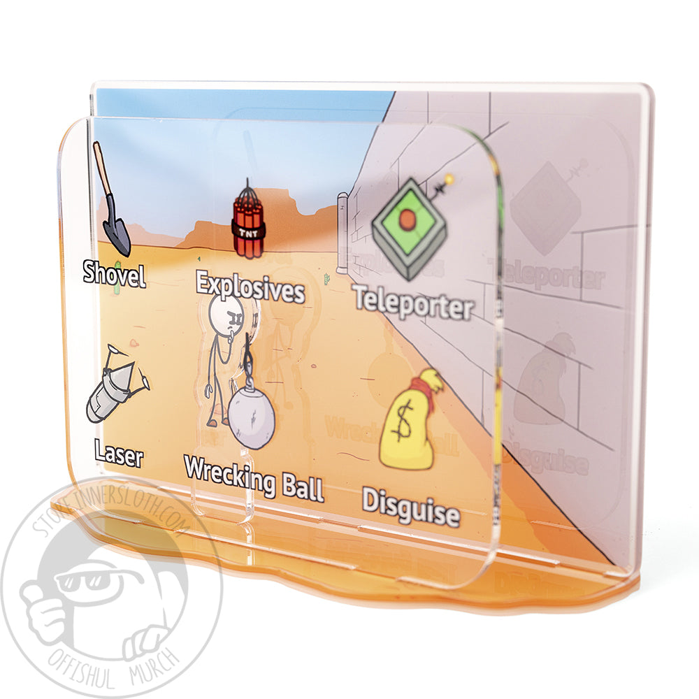 A product photograph of an acrylic standee. The scene depicts Henry Stickmin thinking and selecting his inventory to deal with a vast wall in front of him in the desert. His options include text and an illustrated depiction of a shovel, explosives, a teleporter, laser, wrecking ball, and disguise.