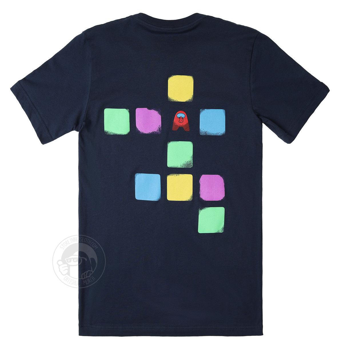 A product photo of the back of the Among Us: Cosmicube Tee. Colorful squares are laid out in the template one would use to create a 3D cube from paper. One of the squares has been replaced with a red crewmate making the “Shh!” motion.