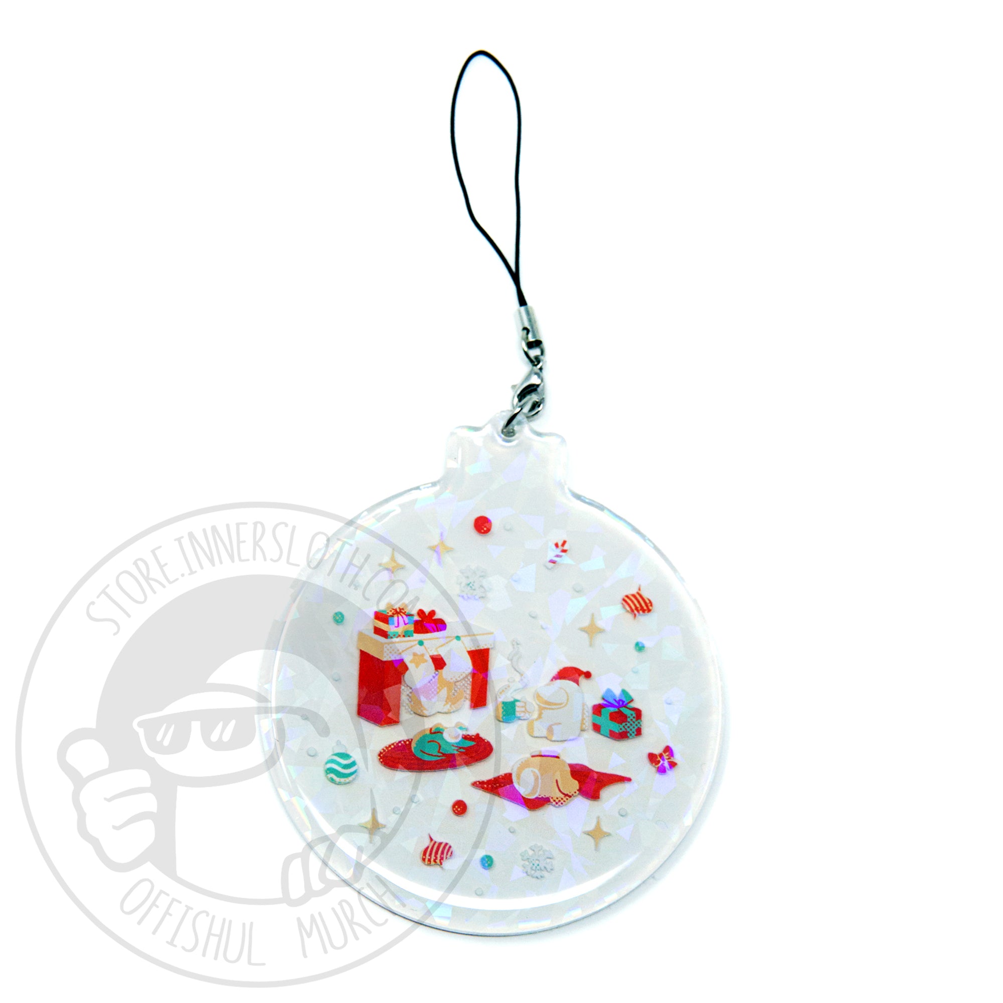 A photograph of four clear acrylic ornaments on a white background. Each ornament has its own shape and special holiday Crewmate illustration, each design is overlaid with iridescent sparkles. The ornaments are attached to a removable lobster clasp strap and jump ring. Designed by Mengmeng Liu.