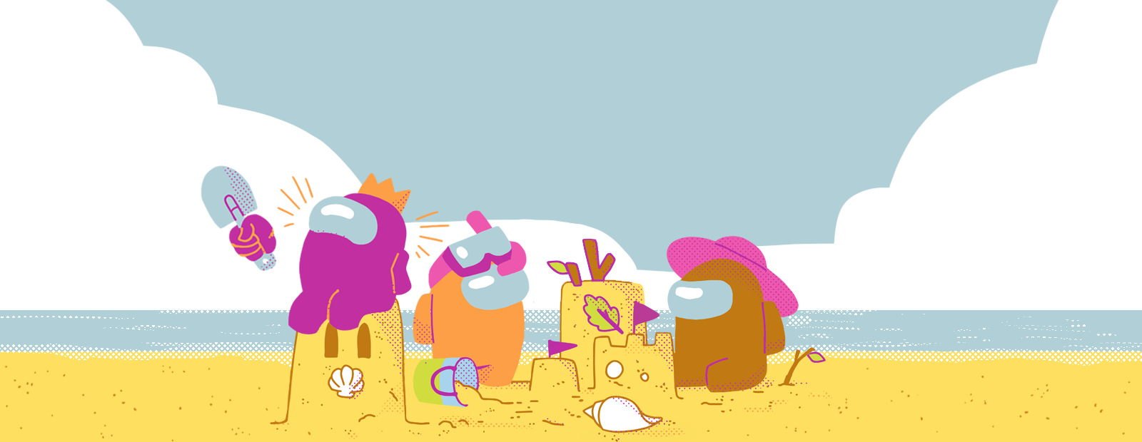 An illustration of three crewmates building sandcastles on the beach.
