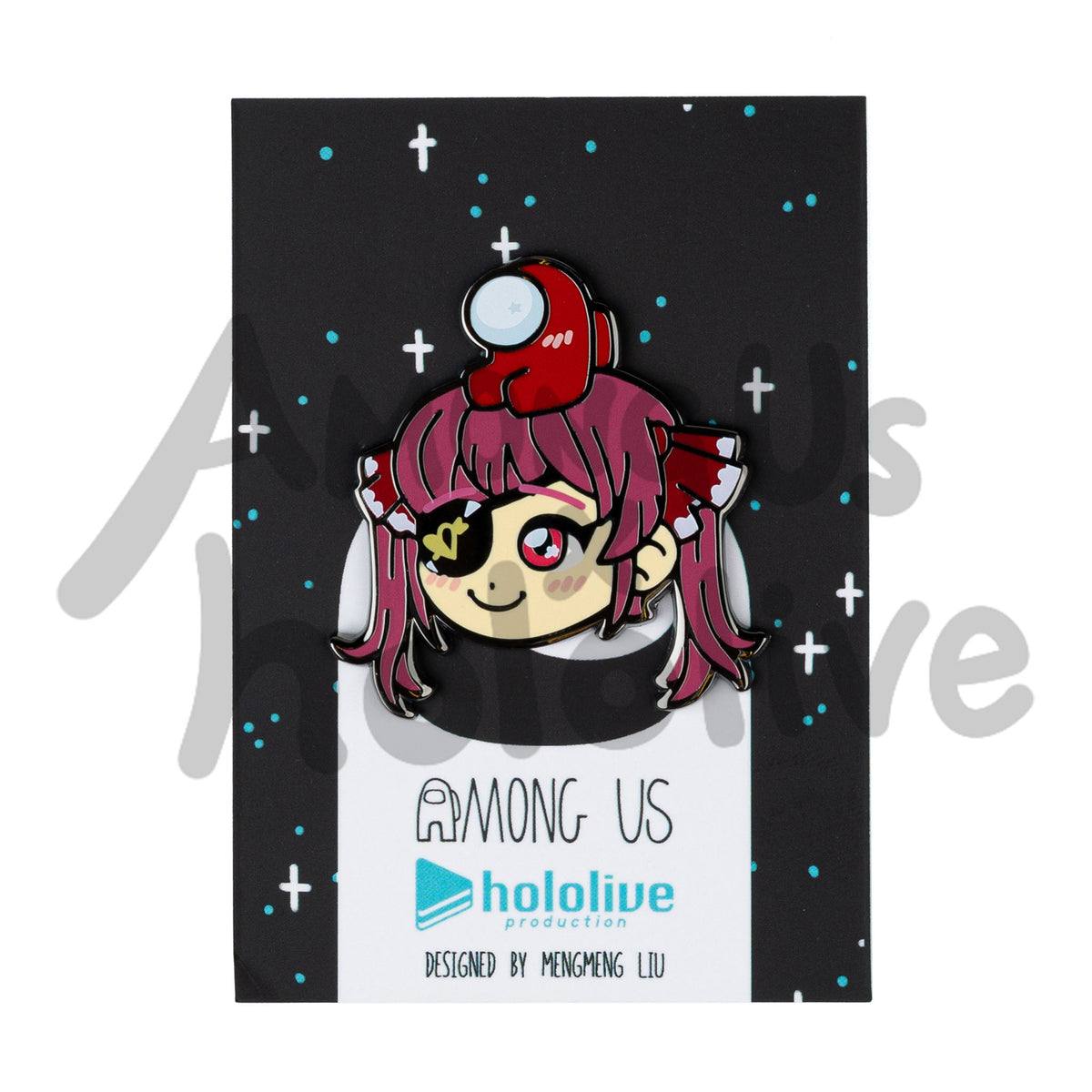 Hololive x Among Us black backing card covered with blue and white stars. There&#39;s a white Crewmate in the middle of the card covered up by an enamel pin of Marine&#39;s face a tiny Red Crewmate sitting atop her head. Backing Card text reads &quot;Among Us Hololive Production Designed by Mengmeng Liu.&quot;