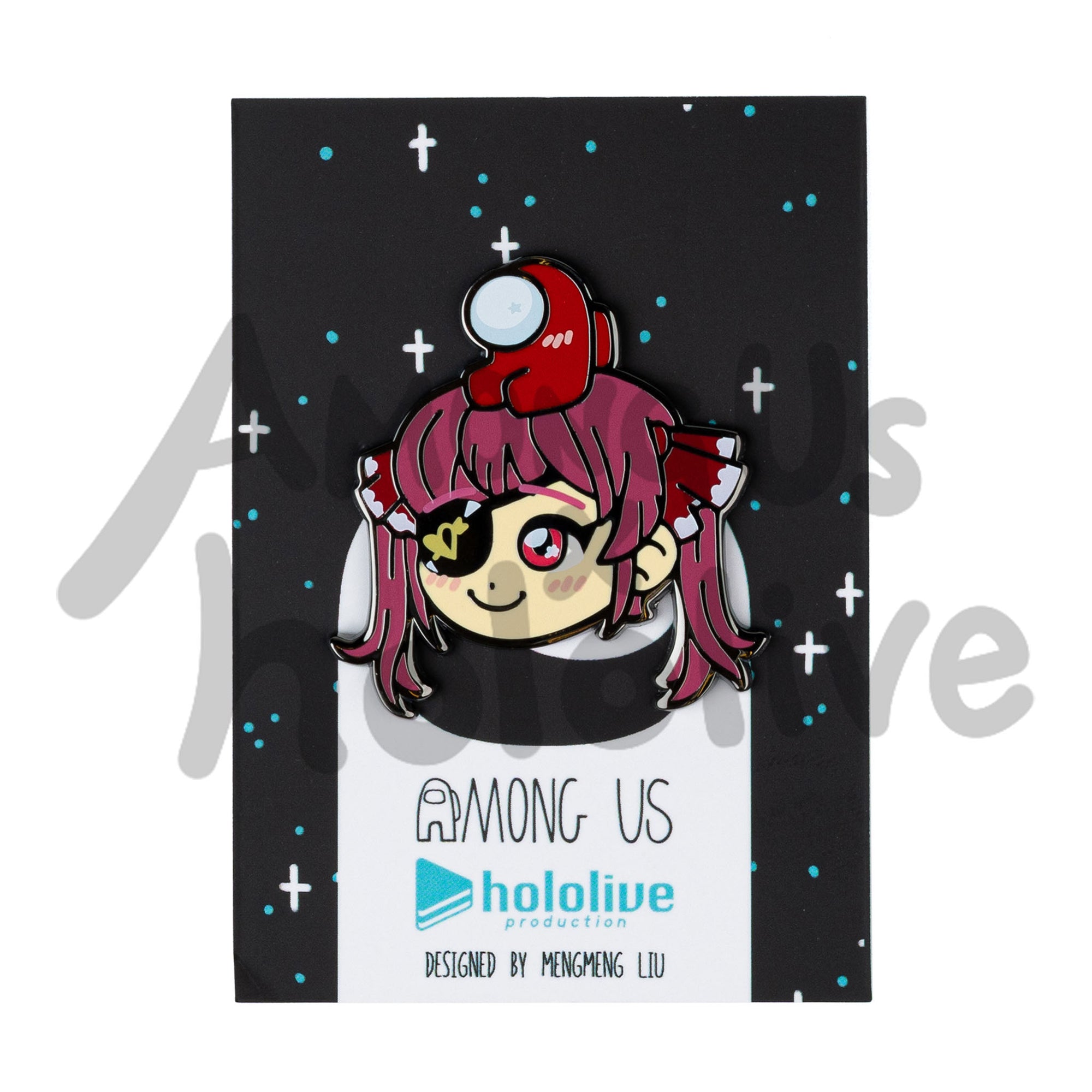 Enamel Pin of Houshou Marine's Face from Hololive. Marine has fair skin, crismon sparkly eyes, and red hair tied into long pigtails. Her hair ribbons are pleated red and white bows. She wears a black eyepatch with a gold heart and arrow. There's a Red Crewmate sitting atop her head. Both characters have pink blush marks on their face. 