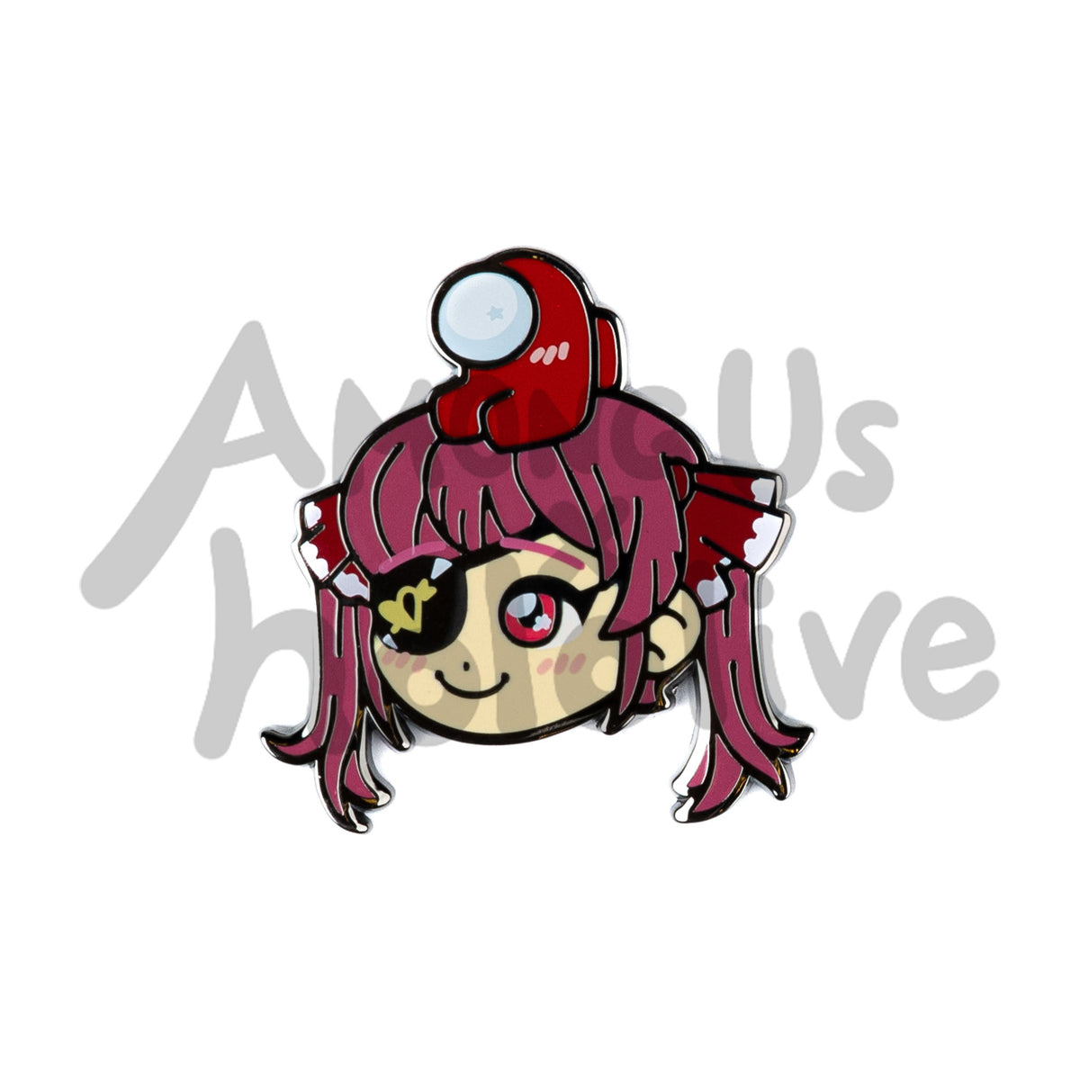 Enamel Pin of Houshou Marine&#39;s Face from Hololive. Marine has fair skin, crismon sparkly eyes, and red hair tied into long pigtails. Her hair ribbons are pleated red and white bows. She wears a black eyepatch with a gold heart and arrow. There&#39;s a Red Crewmate sitting atop her head. Both characters have pink blush marks on their face. 