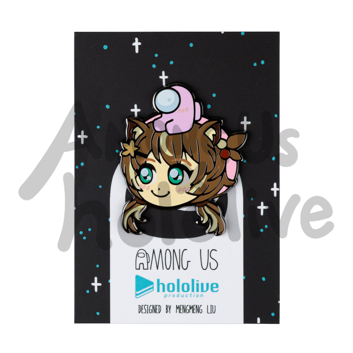 Hololive x Among Us black backing card covered with blue and white stars. There&#39;s a white Crewmate in the middle of the card covered up by an enamel pin of Risu&#39;s face a tiny pink Crewmate sitting atop her head. Backing Card text reads &quot;Among Us Hololive Production Designed by Mengmeng Liu.&quot;