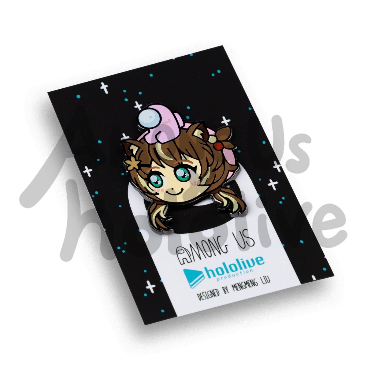 Tilted angled shot of the Hololive x Among Us black backing card covered with blue and white stars. There&#39;s a white Crewmate in the middle of the card covered up by an enamel pin of Risu&#39;s face a tiny pink Crewmate sitting atop her head. Backing Card text reads &quot;Among Us Hololive Production Designed by Mengmeng Liu.&quot;