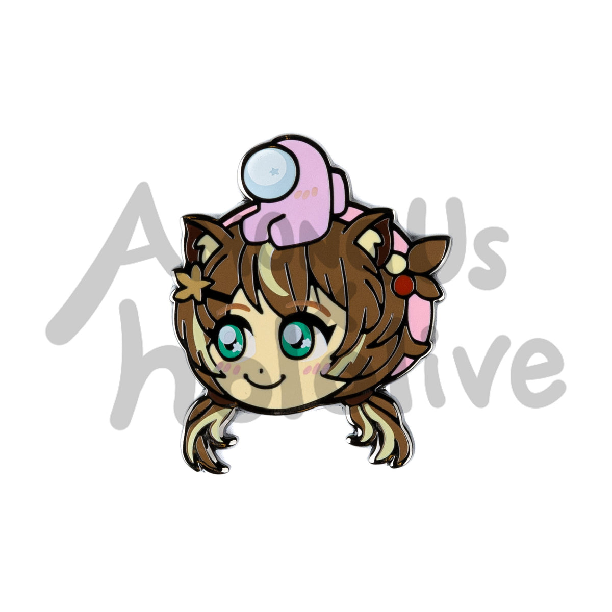 Enamel Pin of Ayunda Risu&#39;s Face from Hololive. Risu has fair skin, light green sparkly eyes, squirrel ears, and light brown and blonde highlight hair. It&#39;s styled into 2 low pigtails and one ponytail. Her hair accessories are a pink beret, gumball hair tie, and a leaf barette. There&#39;s a small pink Crewmate sitting atop her head. Both characters have pink blush marks on their face. 