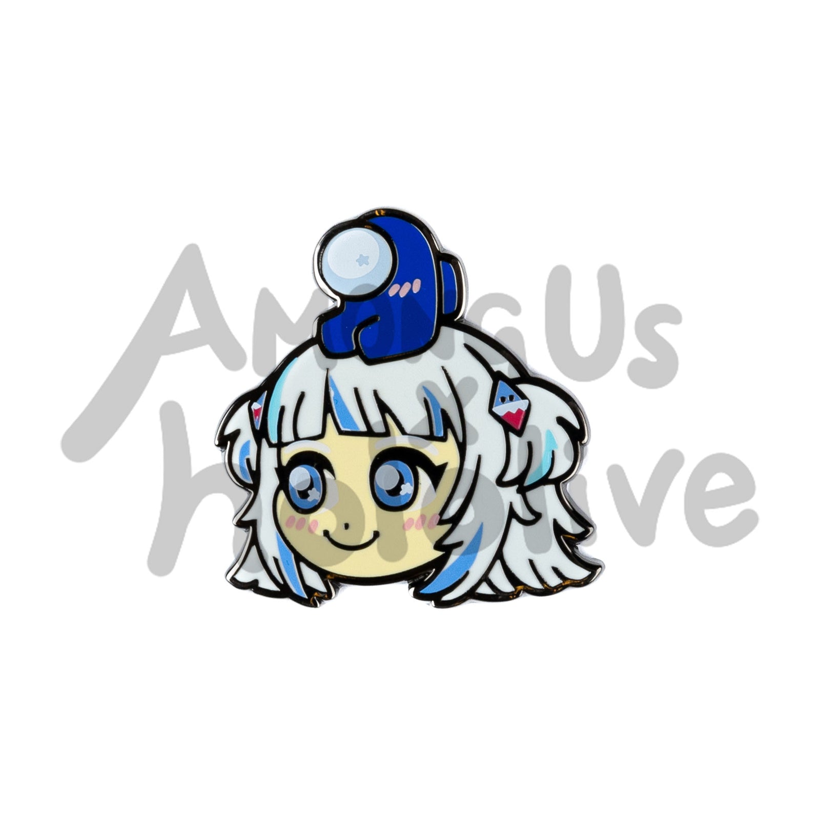 Enamel Pin of Gwar Gura's Face from Hololive. Gura has pale yellow skin, light blue sparkly eyes, and white hair tied into a half-up half down pigtail style. Her hairclips are diamonds in the shape of shark mouths. There's a dark blue Crewmate sitting atop her head. Both characters have pink blush marks on their face. 