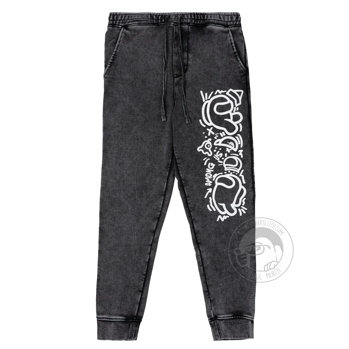  A flat lay product photograph of the textured gray joggers with a large patterned screenprint on the right pant leg on a white background. The artwork depicts a closely patterned arrangement of Crewmates, pets, and cosmetic motifs and has the words “Among Us” written slightly askew above the knee. The design is by Kiri Krogsgaard.