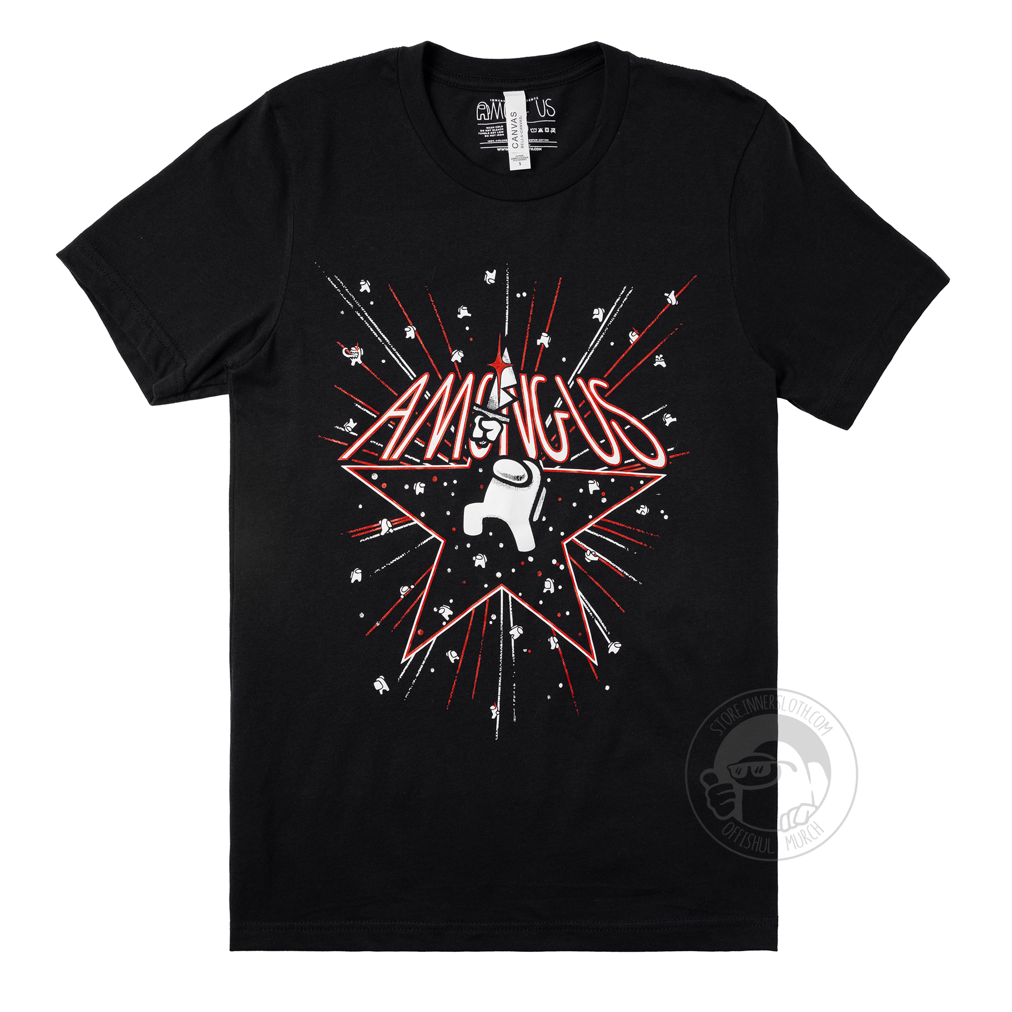 A flat lay photograph of the Among Us: 5th Anniversary Tee designed by Amy Liu on a white background. The Tee depicts a white Impostor among a flurry of stars and fireworks. The impostor stands in the middle of a red outlined star holding a bloody knife over their head. “Among Us” text is written in red and white sitting on top of the outlined star.