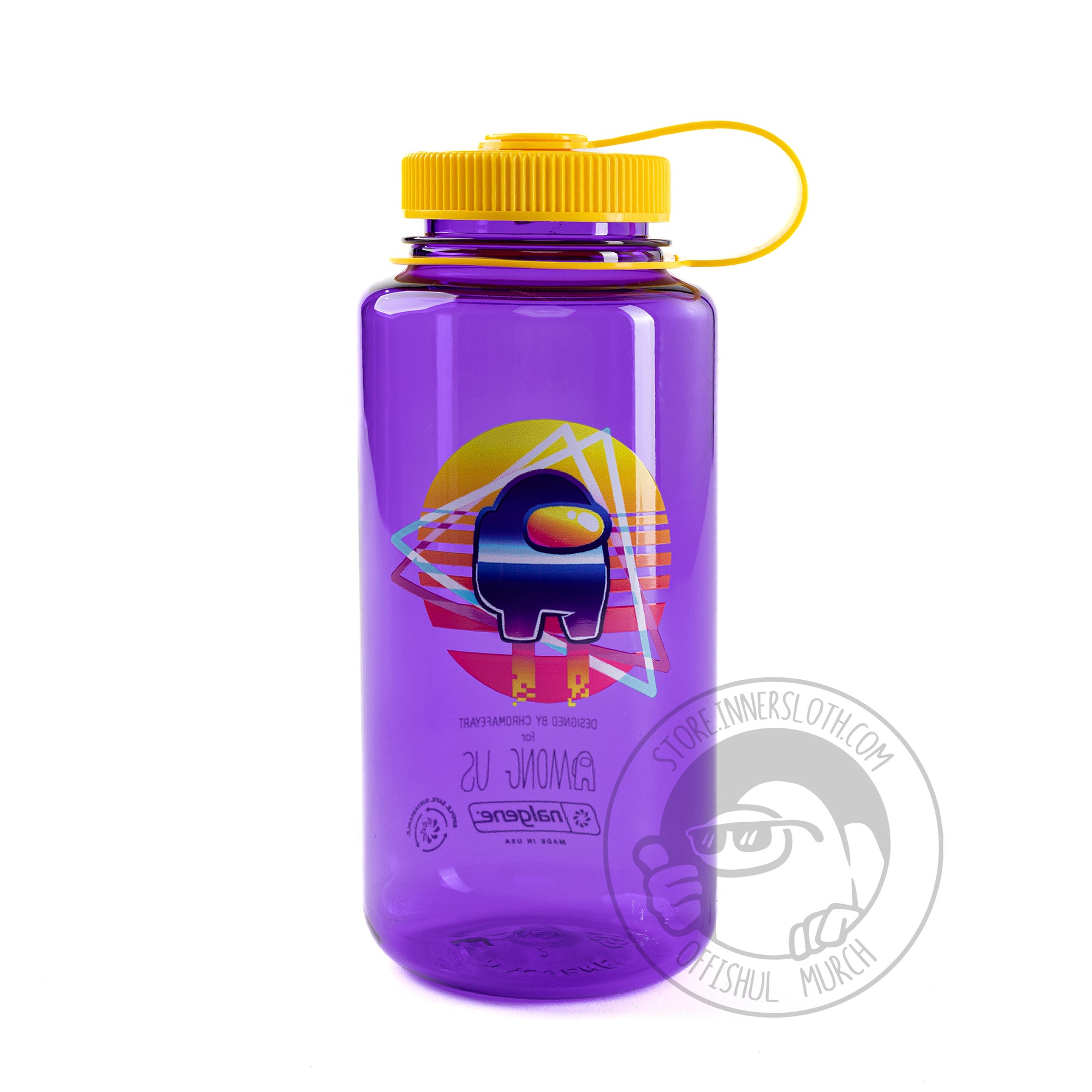 A photo of a Vaporwave themed iridescent blue-to-purple Crewmate on a traslucent purple nalgene waterbottle. The Crewmate is standing in front of two neon pink triangles against an ombre graphic yellow to pink sunset. Artwork by ChromaFeyArt