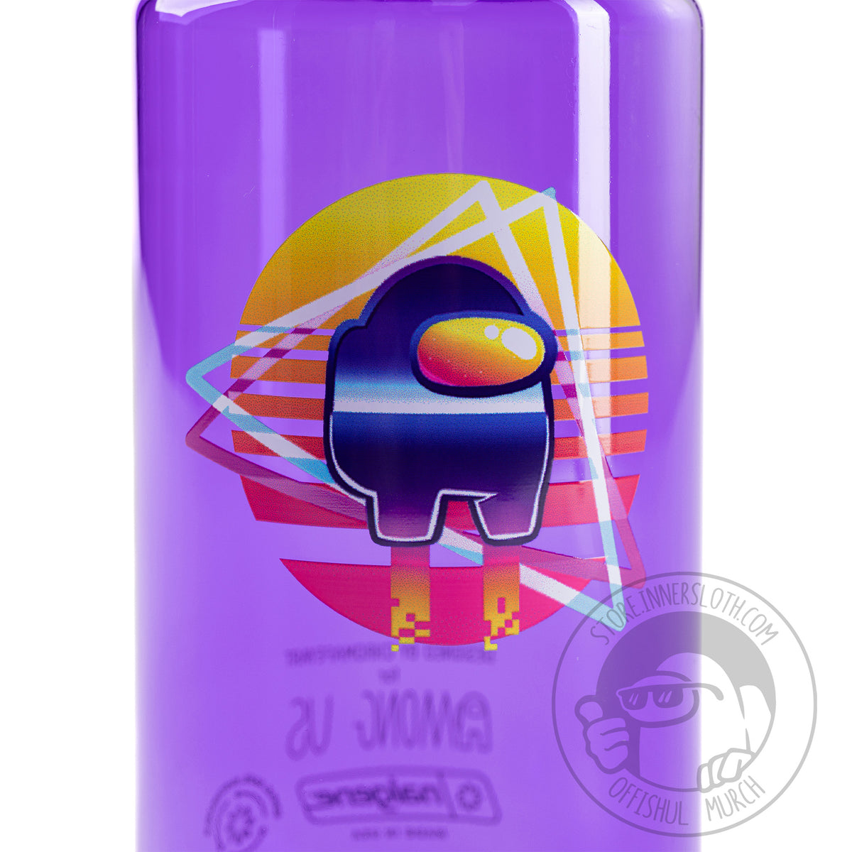  A close up and zoomed in photo of the Vaporwave Crewmate decal on the waterbottle. 
