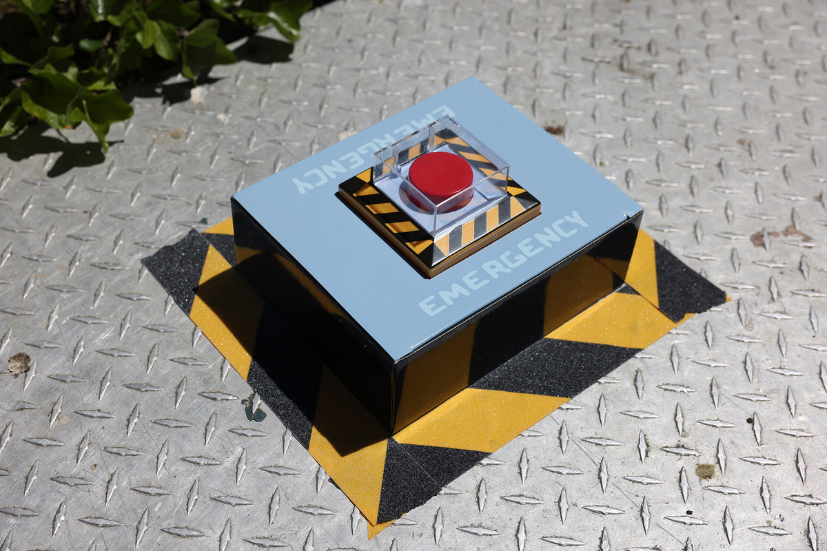 An high-angled, ¾ view, overhead photograph of the emergency button collector’s edition box set.