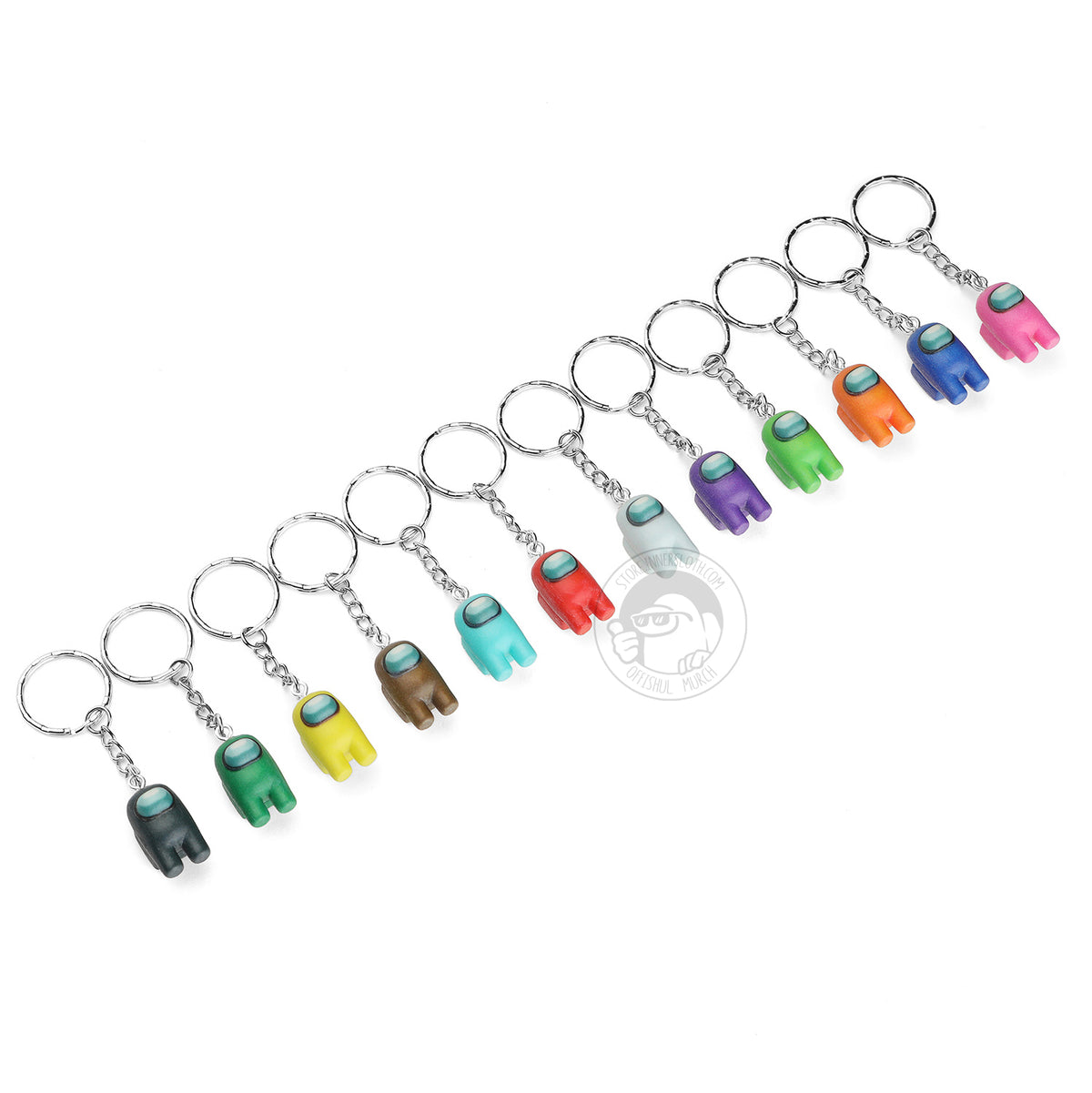 A product photo of all twelve variant colors of the Among Us: Crewmate Keychain by Objex Unlimited Inc. They are laying diagonally across the photo and each has a silver keychain. The colors are as follows: black, green, yellow, brown, cyan, red, white, purple, lime, orange, blue, and pink.
