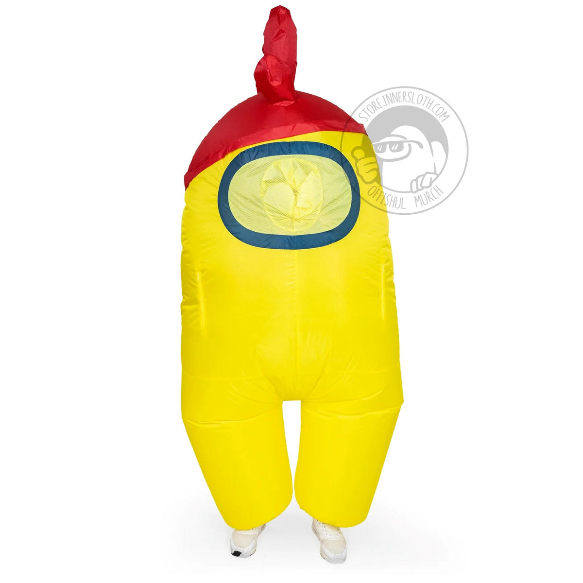 Front view of the yellow glove Crewmate youth costume, the costume has a big red inflatable glove over the Crewmate’s head. 