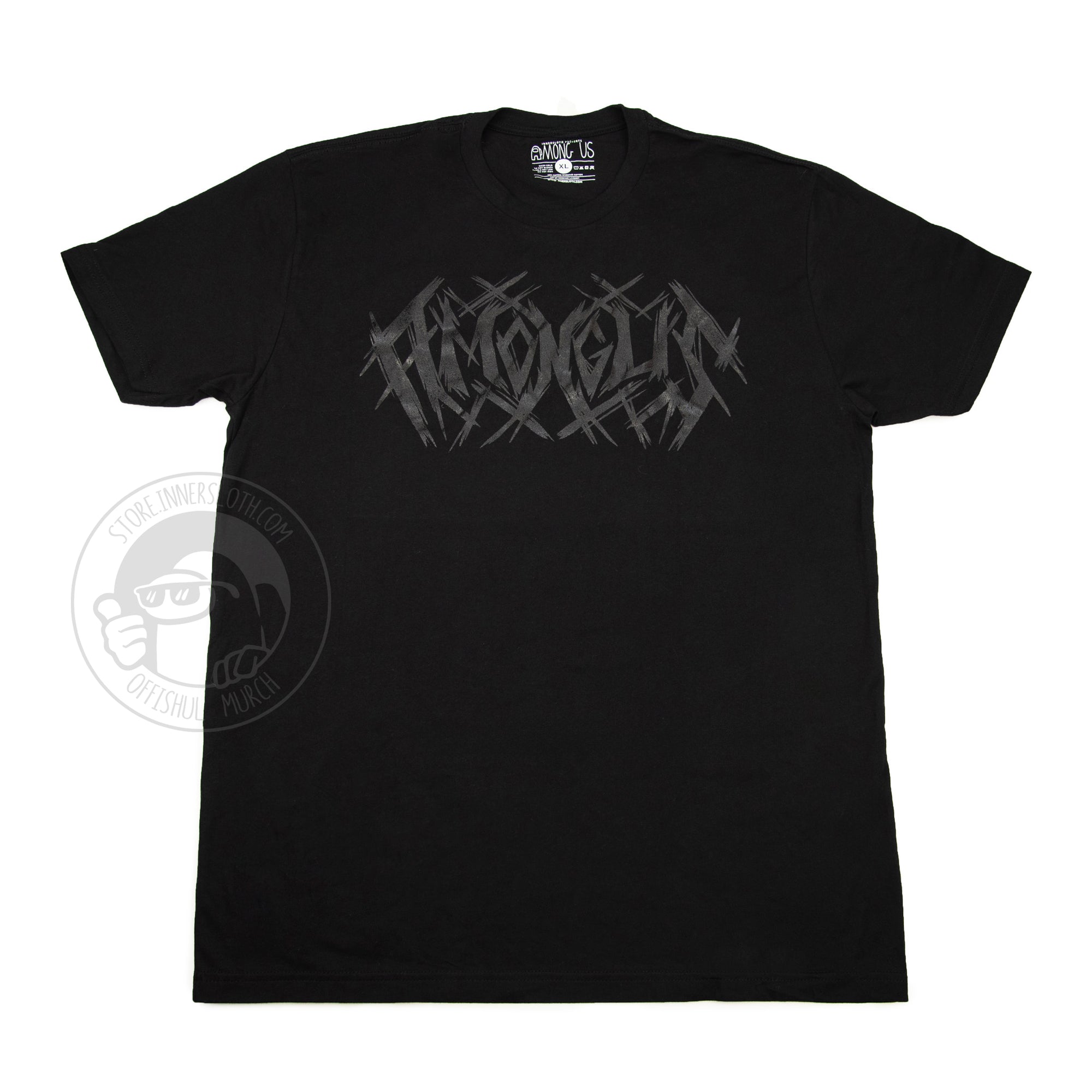  A flat-lay product photograph of the Black Metal Tee on a white background. The tee shirt is all black with a metallic silver graphic that reads “Among Us” in a metal logo font.