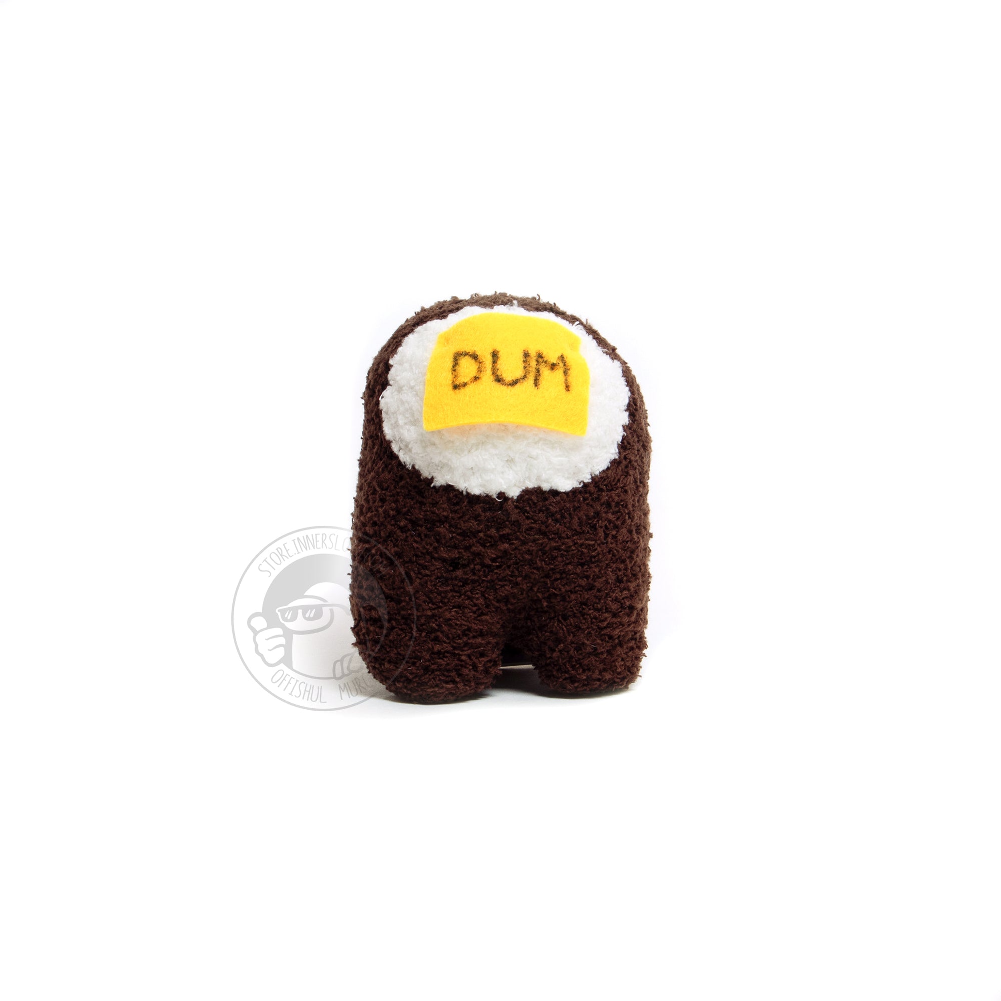 A front-facing product photograph of a small, brown, fuzzy, Crewmate plush with a felted DUM sticky note hanging over their visor by Naomi Sun on a white background. 