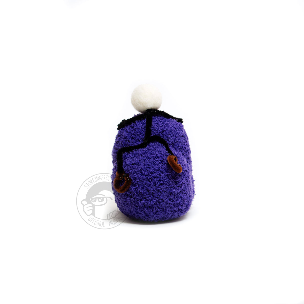 A back-view product photograph of the Purple Crewmate plush and Henry Stickmin figure on top of its head.