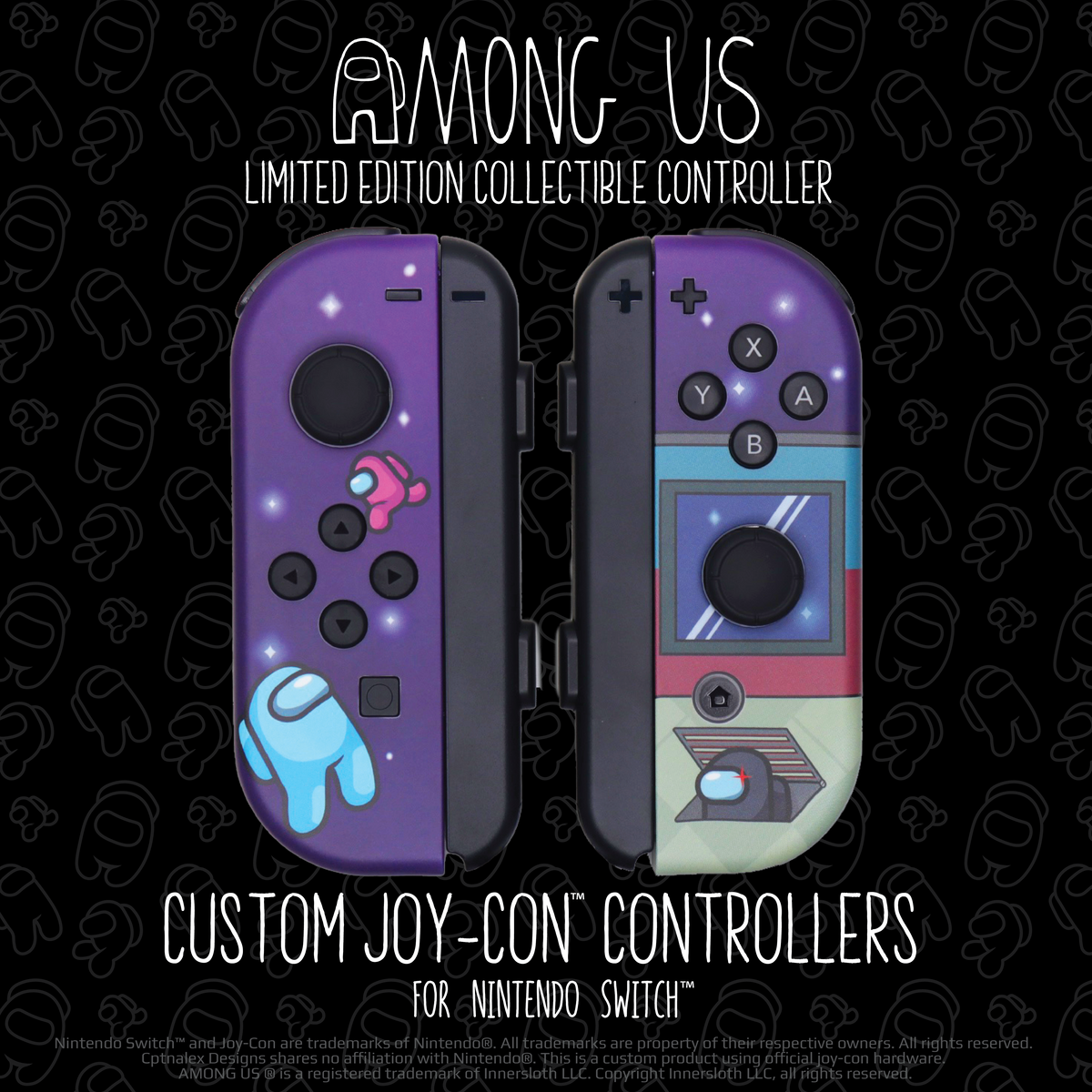 A mock up of the Among Us Themed Nintendo Switch Joy-Con Controllers. The left joy-con features a Cyan Crewmate in the lower left corner tilted up and to the right, and a running pink Crewmate floating next to the up-button on the keypad. The background is purple with a few white stars sprinkled in. The right joy-con features an indoor scene of a black impostor peeking out of a floor vent, in front of a large window against a cyan and red wall and purple starry sky. A nefarious red shine glints off the side