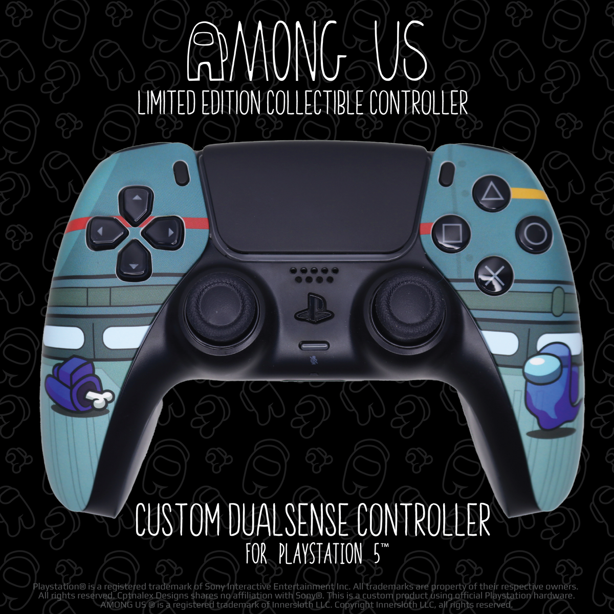 A Mock Up of the Among Us Themed DualSense Controller for Playstation 5. The left side of the controller depicts an indoor scene of a dead blue Crewmate body lying on the floor and on the right side of the controller, the blue Crewmate’s floating, transparent, ghost. Text on the image reads Among Us Limited Edition Collectible Controller Custom Dual Sense Controller for Playstation 5
