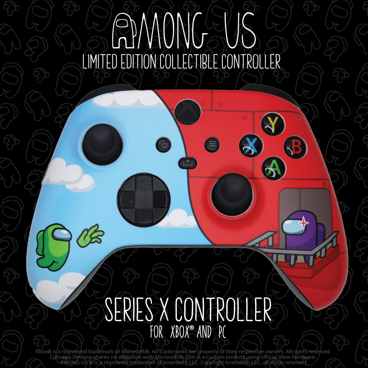 A mock up of the Among Us themed XBOX and PC controller. The artwork depicts a narrative illustration of a Lime Crewmate being ejected into a blue cloudy sky. A Purple Impostor stands nearby on the balcony of the Airship, watching the Lime Crewmate reach out as they helplessly float away. The text reads Among Us Limited Edition Collectible Controller Custom Series X Controller for XBOX and PC