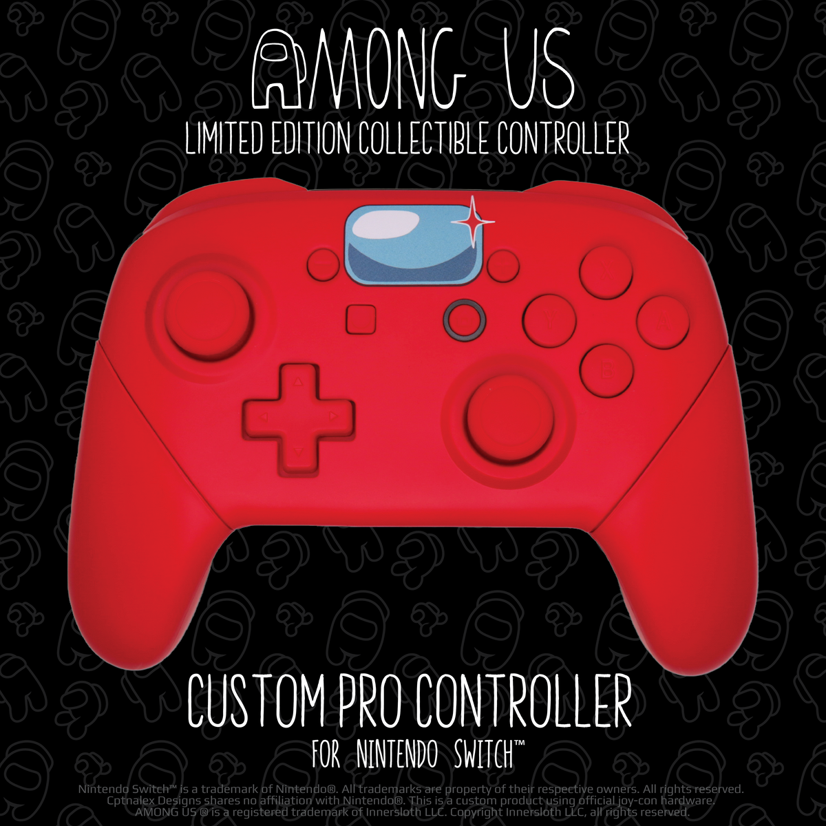 A mock up of the Among Us Nintendo Switch Custom Controller. The controller is entirely red, with a small blue window at the top emulating the in-game Crewmate visor. A red impostor shine glints off of the top right side of the vision. The text on the image reads Among Us Limited Edition Collectible Controller Custom Pro Controller for Nintendo Switch.
